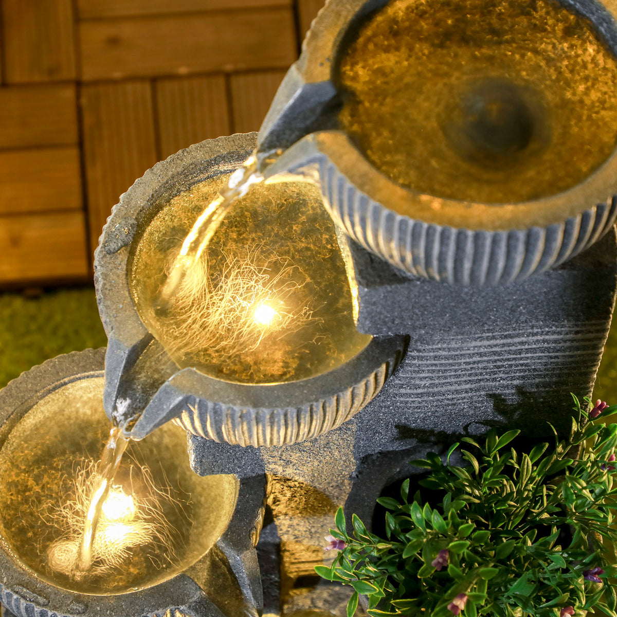 Solar Powered Four-Tier Outdoor Water Fountain with LED Lighting - Dark Grey