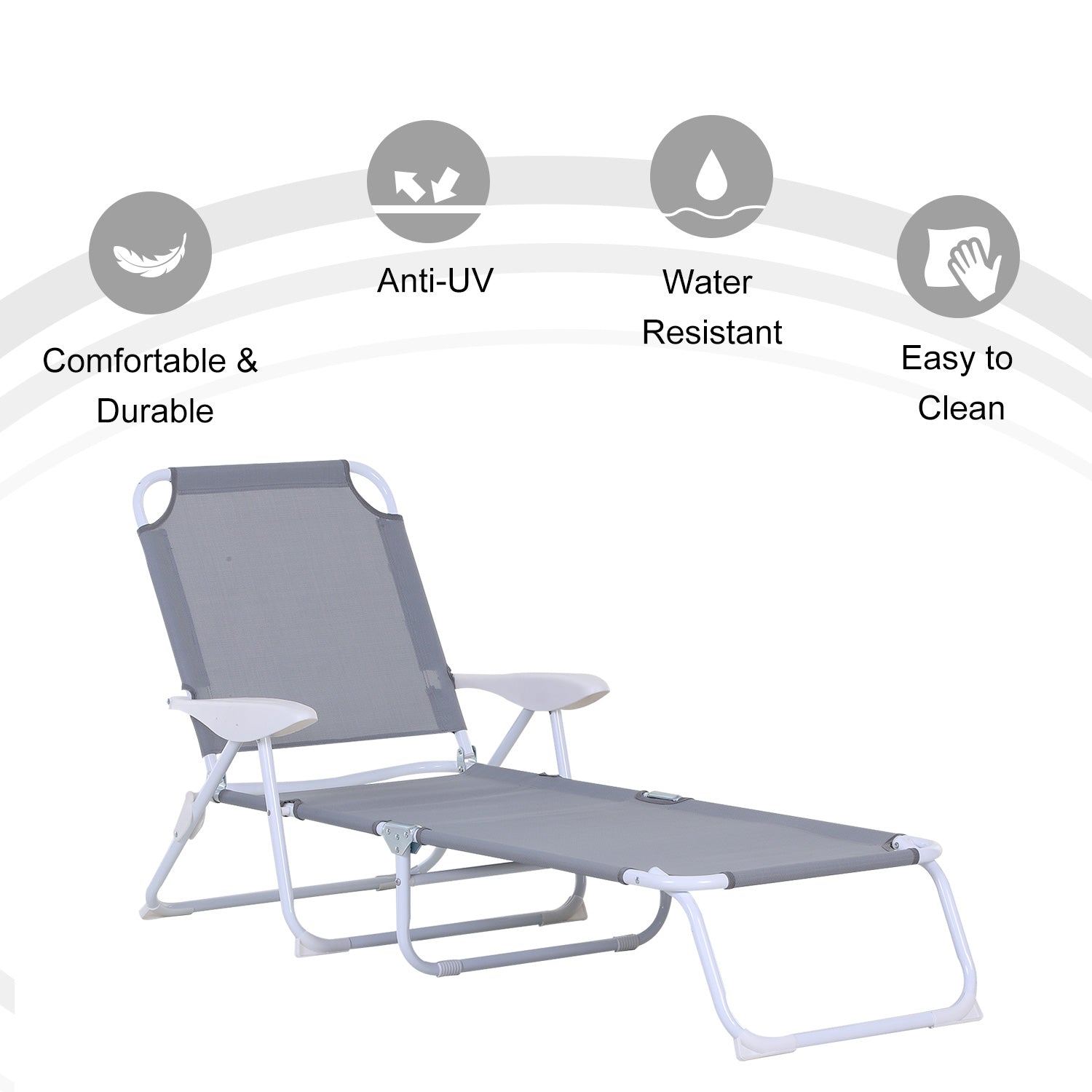 Foldable Sun Lounger, Outdoor 4 Level Adjustable Backrest Reclining Lounge Chair with Armrests for Patio, Garden, Grey