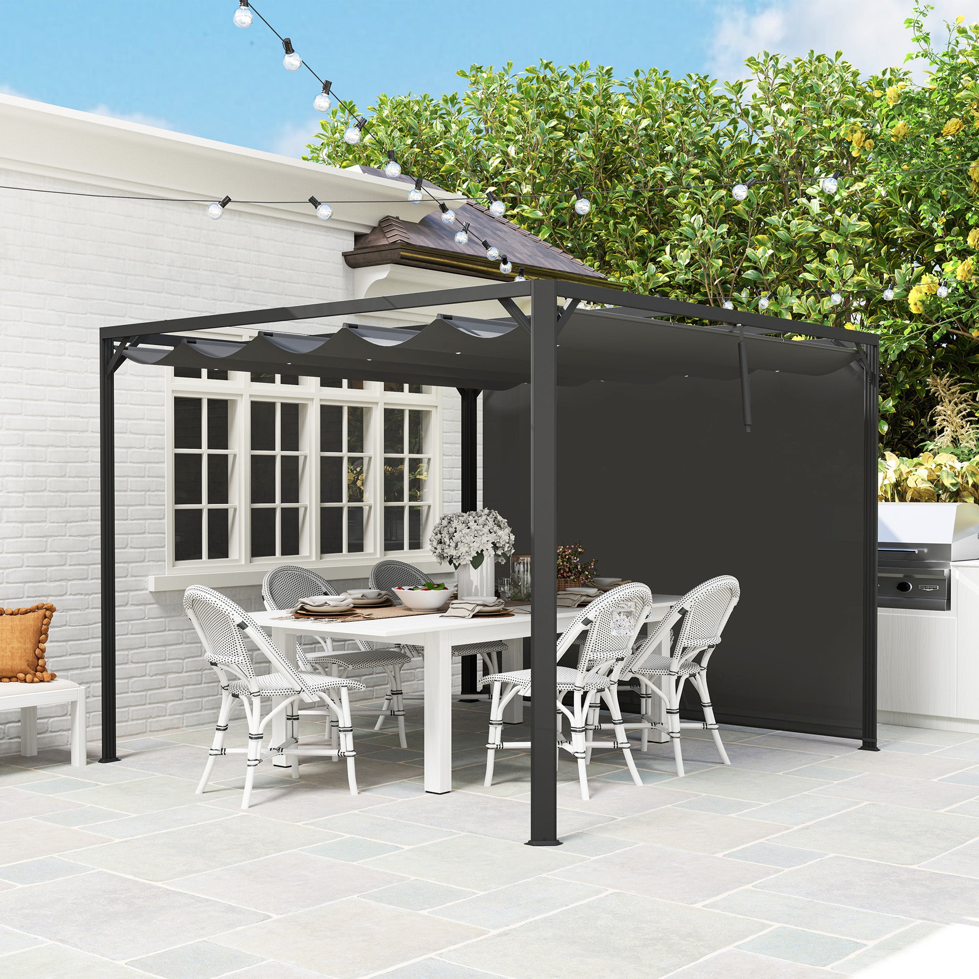 3 x 3m Aluminium Pergola, with Retractable Roof and Wall - Dark Grey