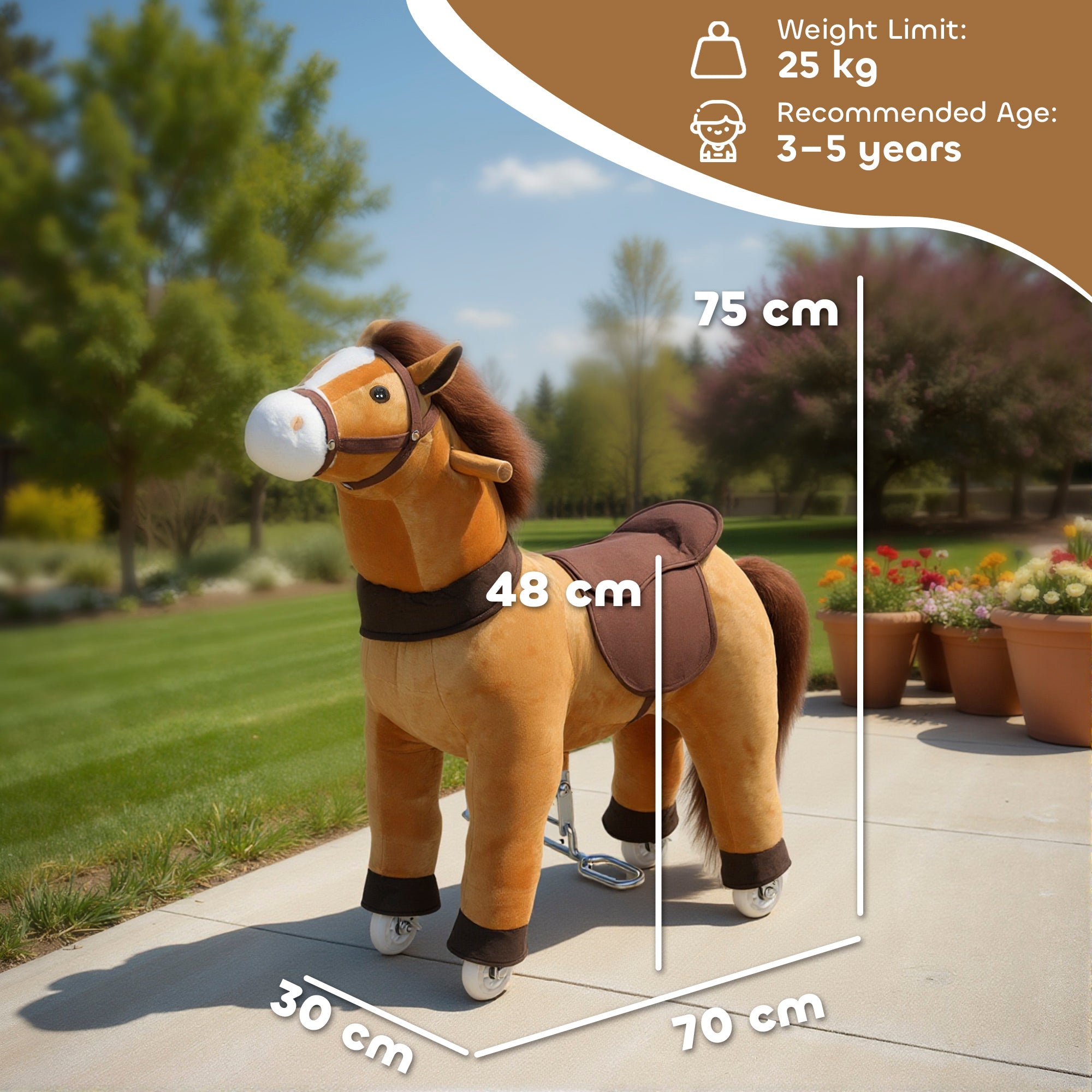 Ride On Horse, Plush Walking Horse Toy with Wheels and Saddle for Ages 3-5 Years Old, Brown