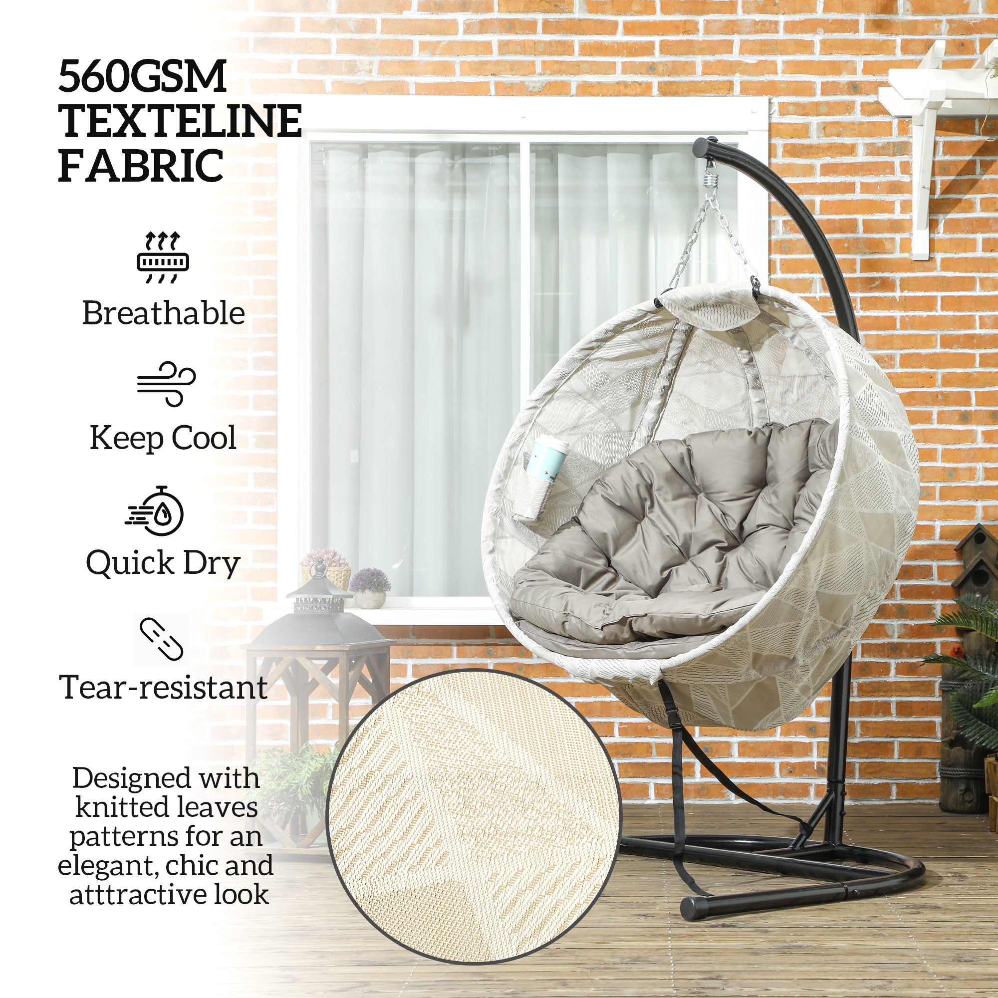 Hanging Egg Chair with Stand and Thick Cushion - Sand Brown