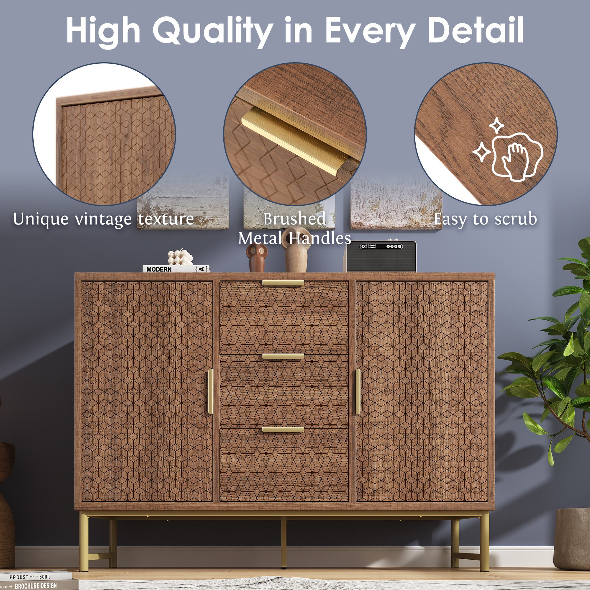 Embossed Design Sideboard Cabinet with 3 Drawers and 2 Doors, Adjustable Shelves, Anti-tip, Storage Cabinet, 120L x 40W x 75H cm, Walnut