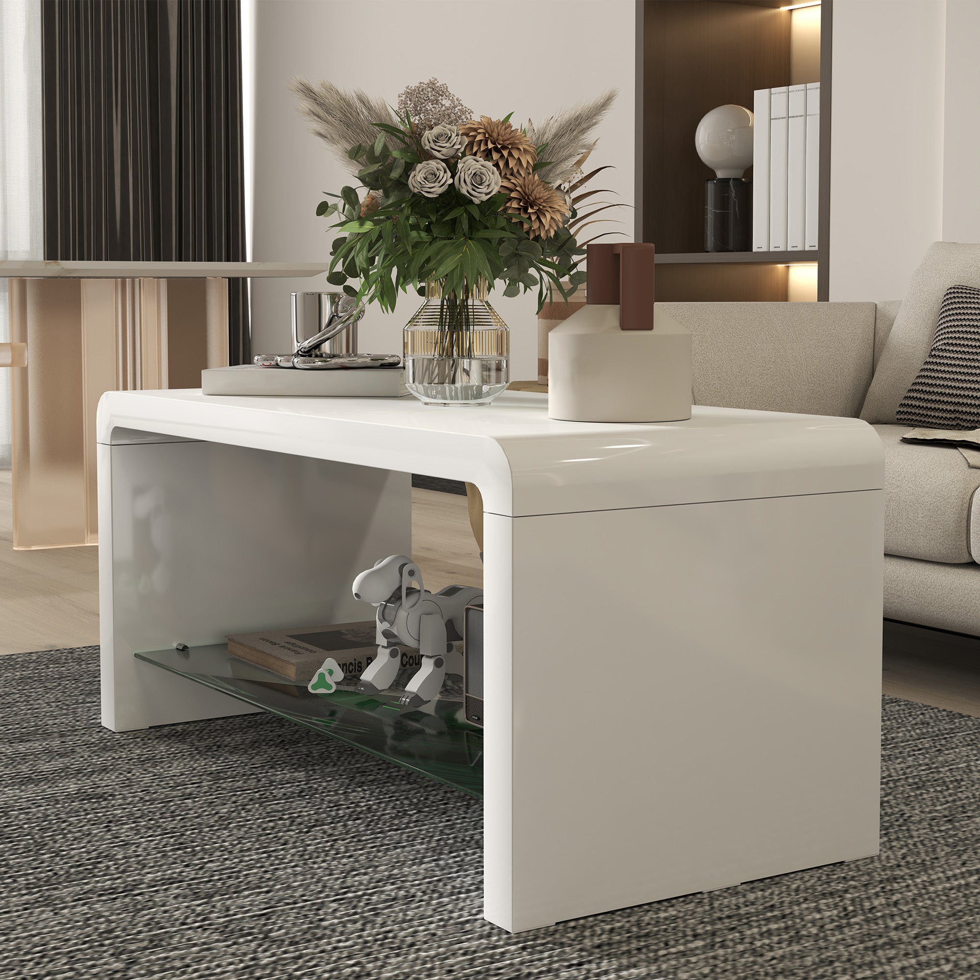 Curved Two-Tier Coffee Table with Glass Shelf - High Gloss White