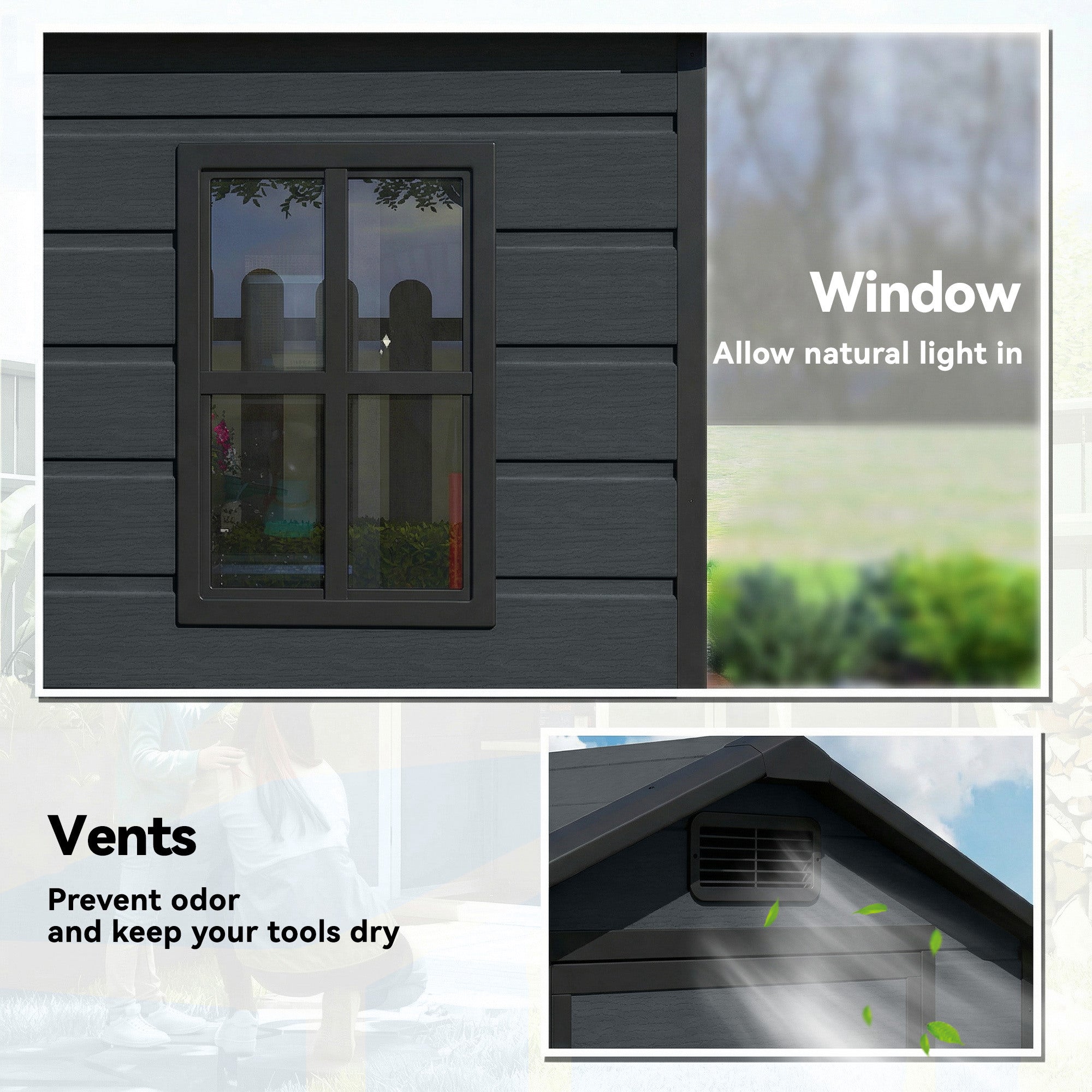 4 x 3 ft Plastic Garden Shed with Floor, Outdoor Storage Shed with Lockable Door, Window and Vent, Dark Grey