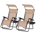 2 Piece Foldable Reclining Zero Gravity Garden Chair Set with Headrest, Footrest, Armrest, Cup Holder & Canopy - Beige