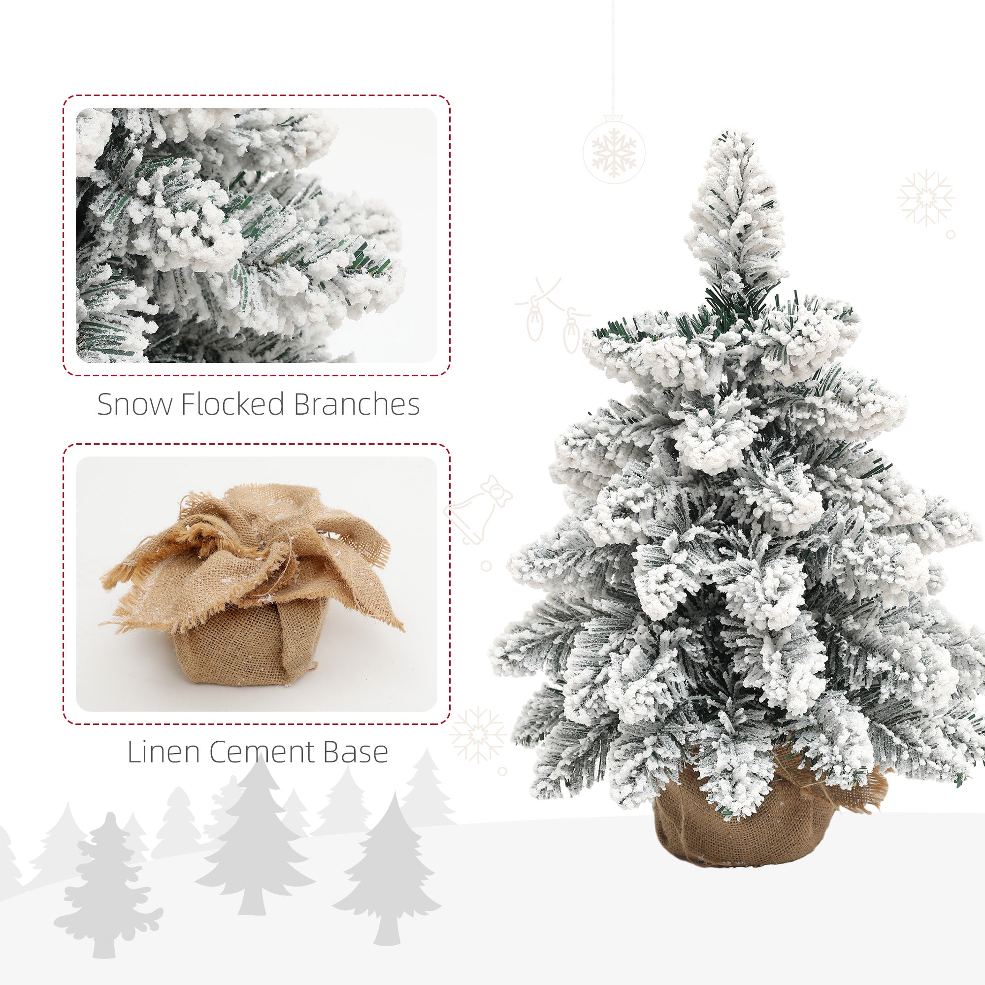 1.5ft Mini Artificial Christmas Trees with Lights Set of 2, Snow Flocked Tabletop Christmas Trees with Base, Battery Operated, Desktop Party Decoration