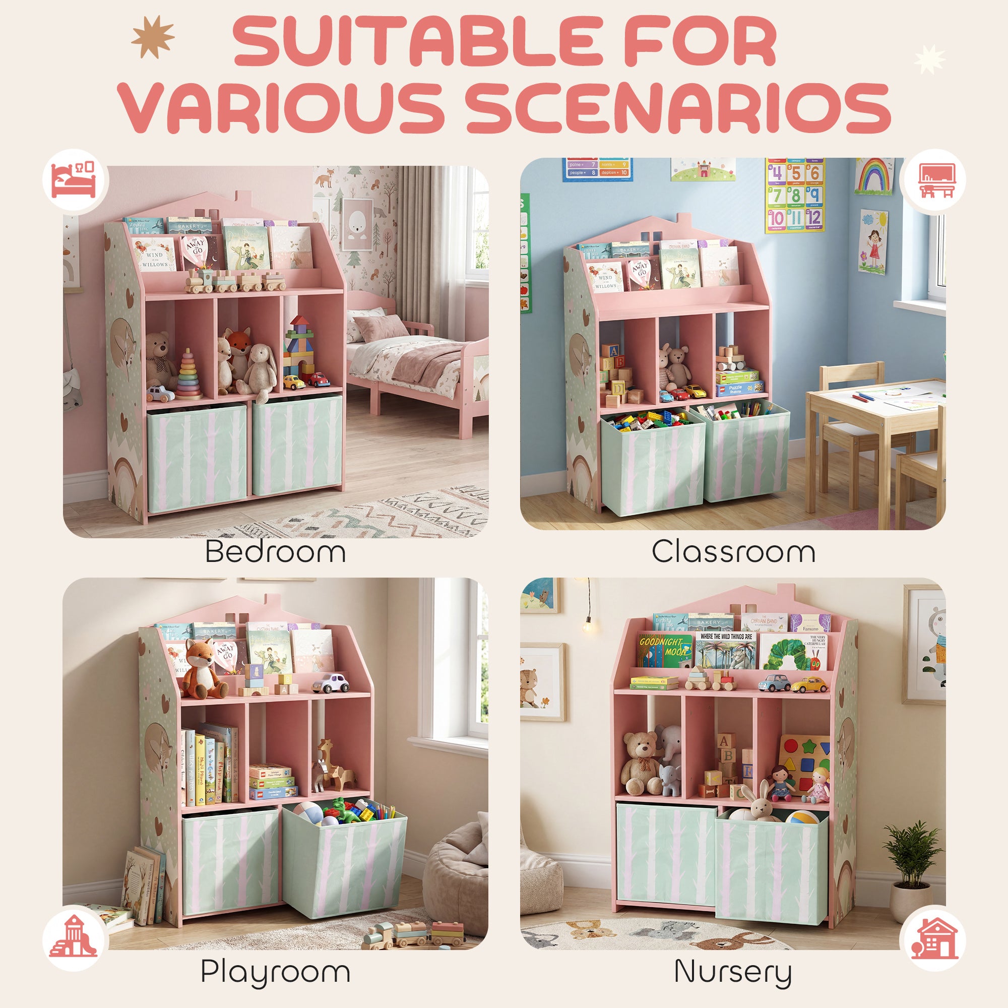 Kids Bookshelf with Storage, Toy Storage Unit with Book Display, Shelves and Fabric Drawers for Playroom Nursery, Pink