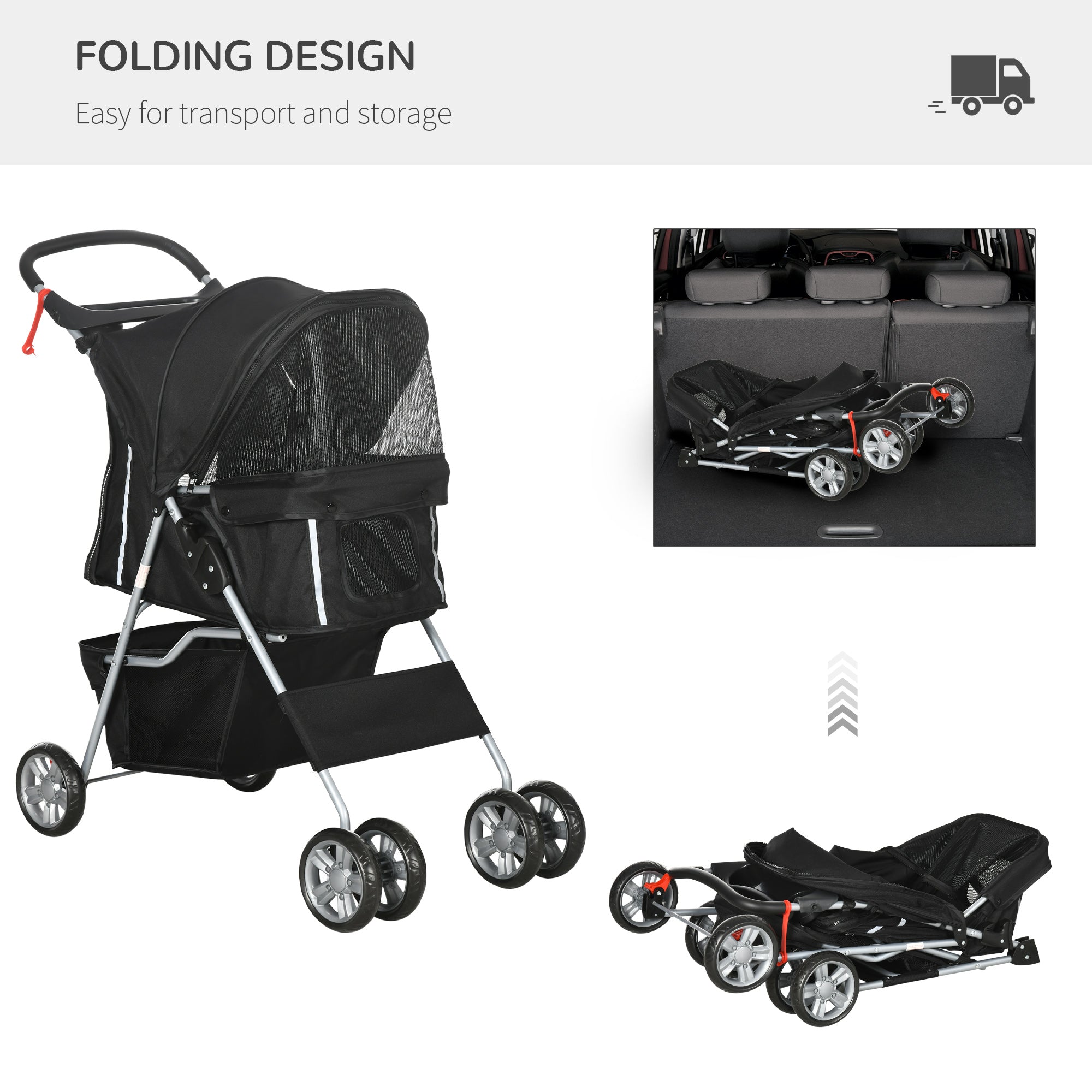 Pet Travel Stroller with Rain Cover, 4 Wheels Foldable Travel Carriage with Wheels Zipper Entry Cup Holder Storage Basket Black