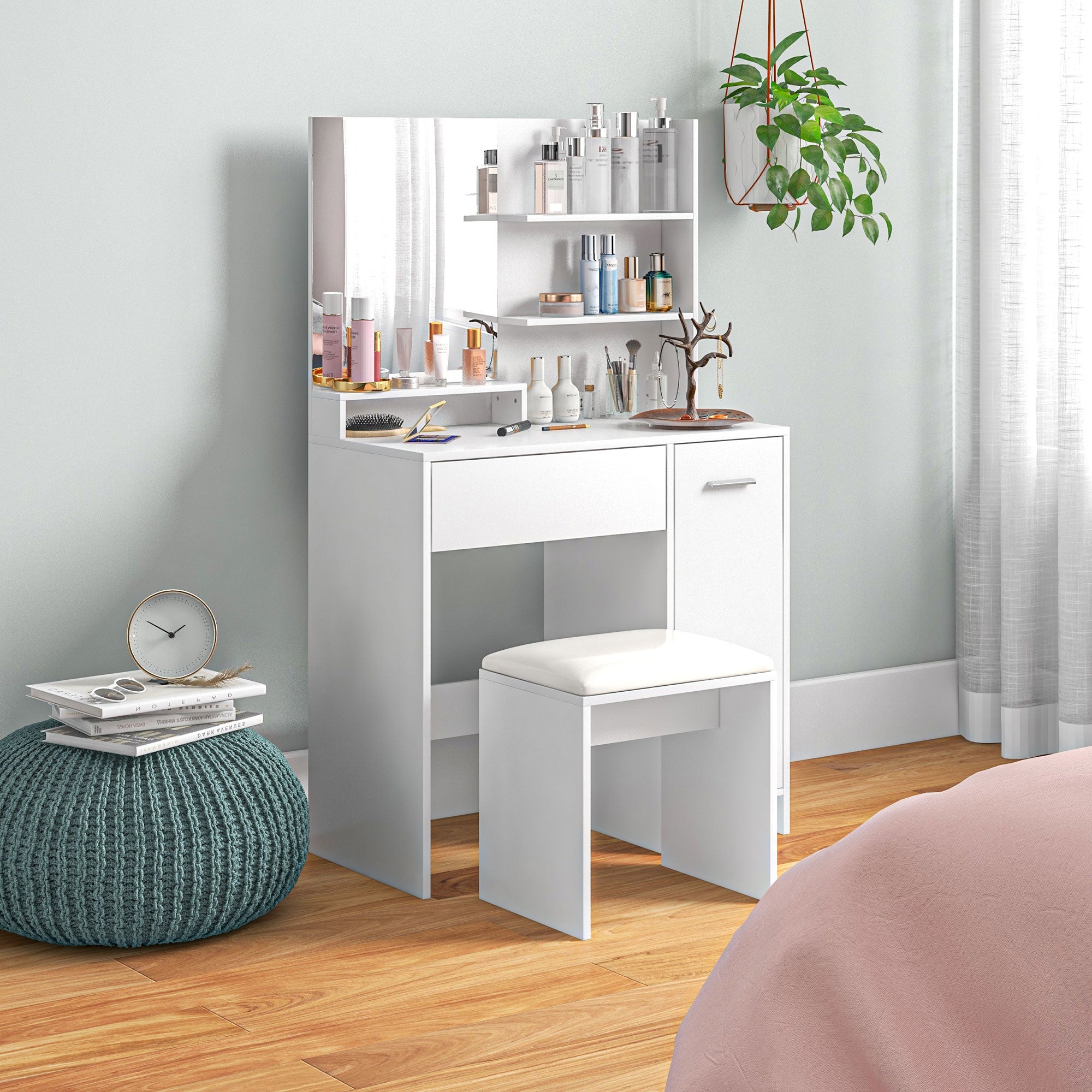 Dressing Table with Mirror and Stool, Vanity Table, Modern Makeup Desk with Drawer, Storage Cabinet and Adjustable Shelf for Bedroom, White