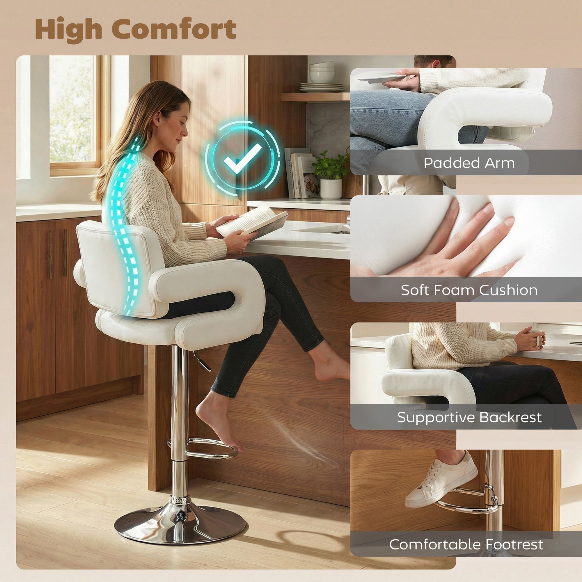 Bar Stools Adjustable Swivel Kitchen Chairs with Backrest Armrest Set of 2 PU Leather White