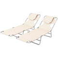 Foldable Sun Lounger Set of 2 with Reading Hole, Arm Slots, 5-Position Backrest, Side Pocket & Pillow - Beige