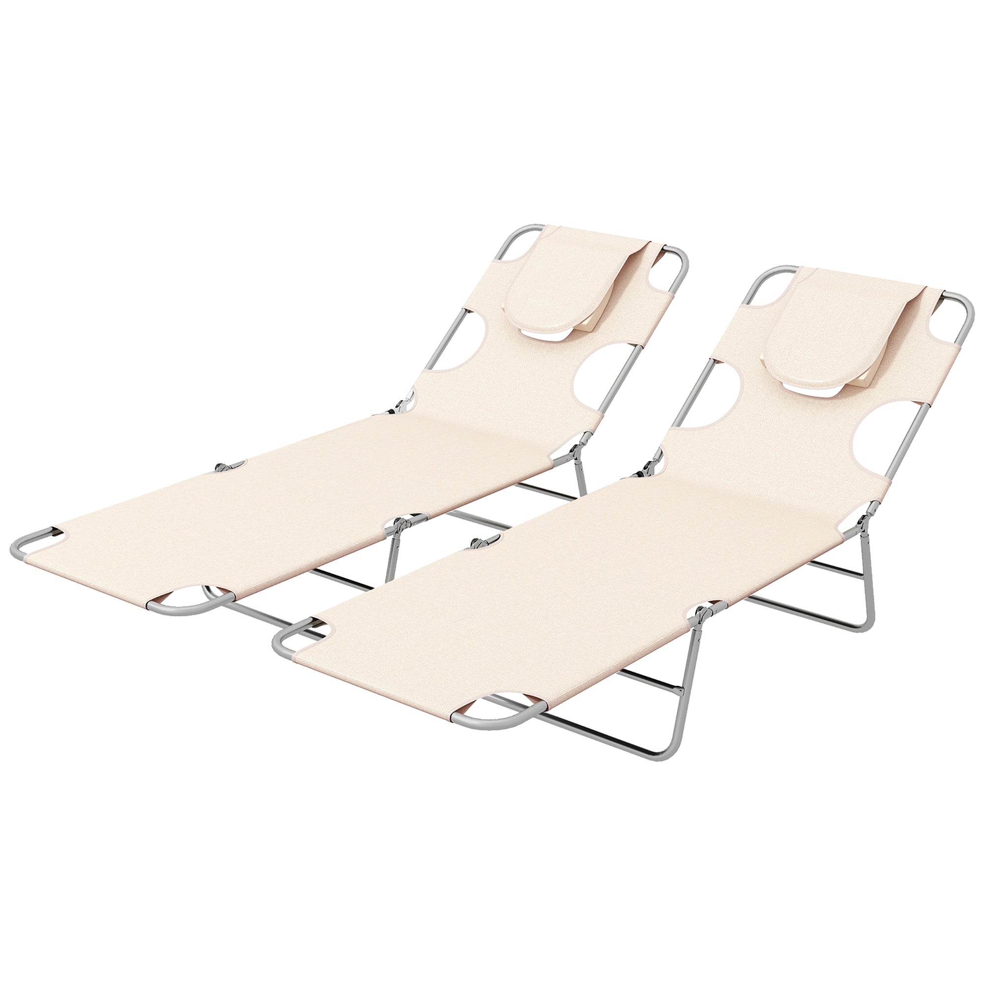 Foldable Sun Lounger Set of 2, Beach Chaise Lounges with Reading Hole, Arm Slots, 5-Position Adjustable Backrest, Side Pocket, Pillow for Patio, Garden, Beach, Pool, Beige