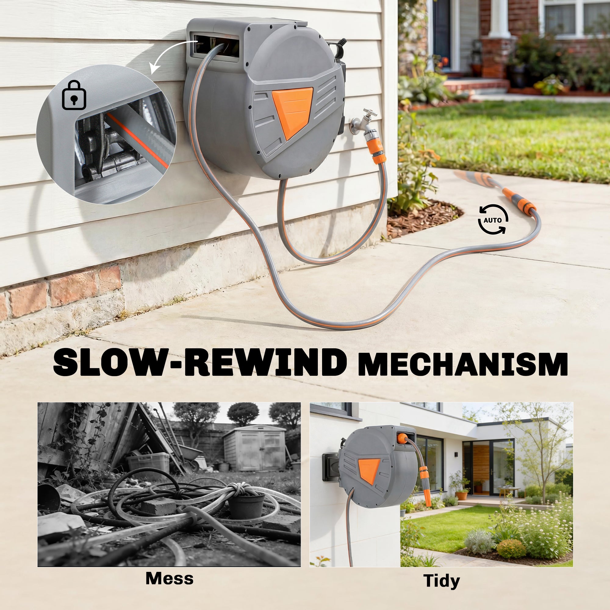 Retractable Hose Reel Wall Mounted, 15+1.6m Garden Hose Pipe Reel with Auto Retraction, Self-Locking, Orange