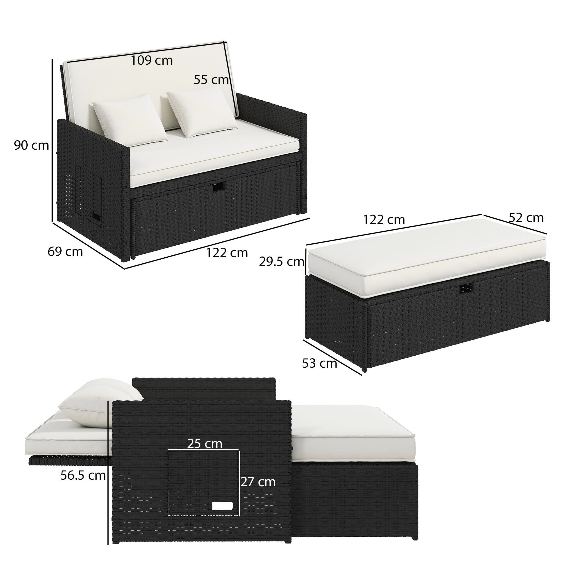 Rattan Garden Daybed, Double Sun Lounger with 5-Level Adjustable Back, Storage Ottoman, Cream White