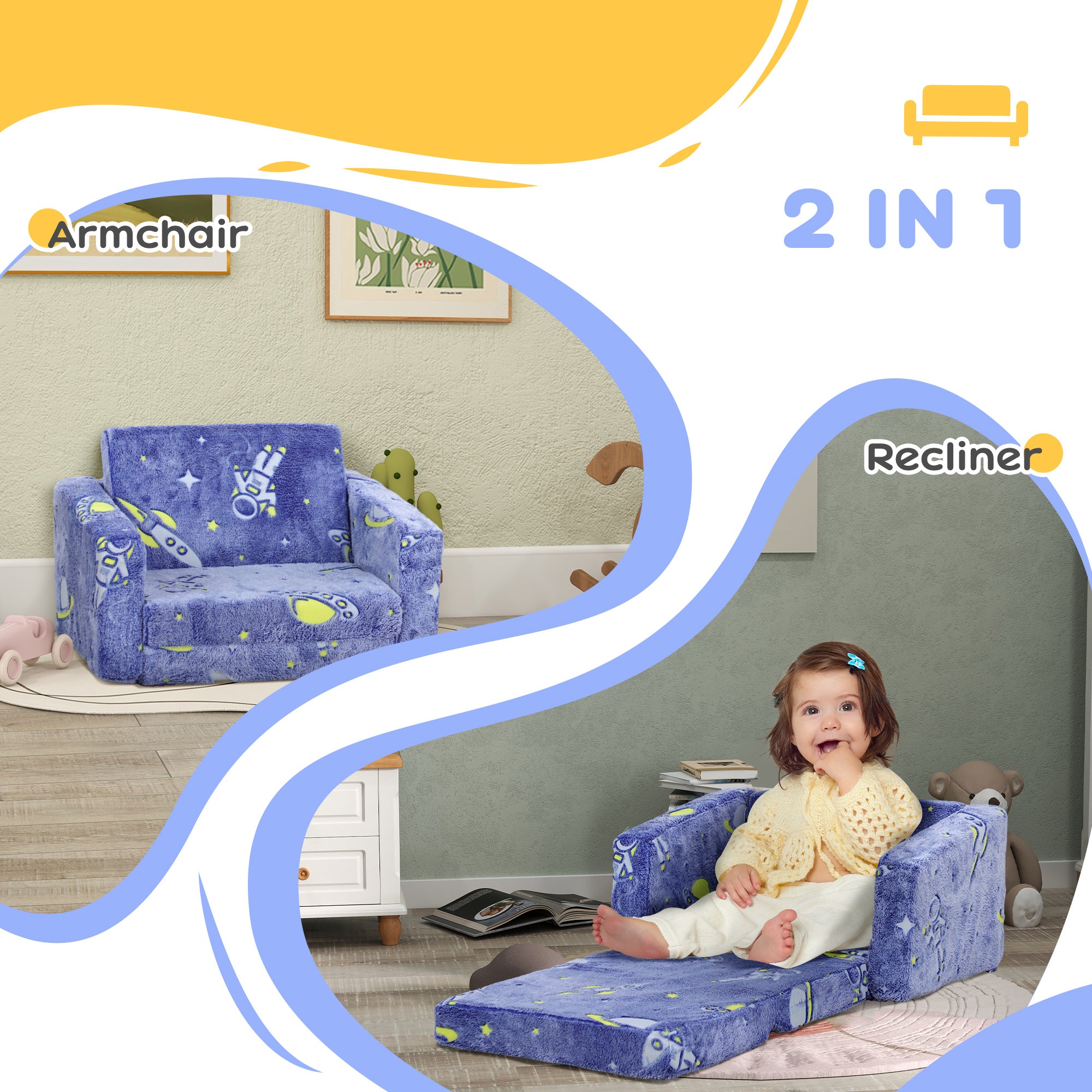 2 in 1 Kids Kids Folding Bed Armchair with Glow in The Dark Cosmic Design, Washable Cushion and Cover, Blue