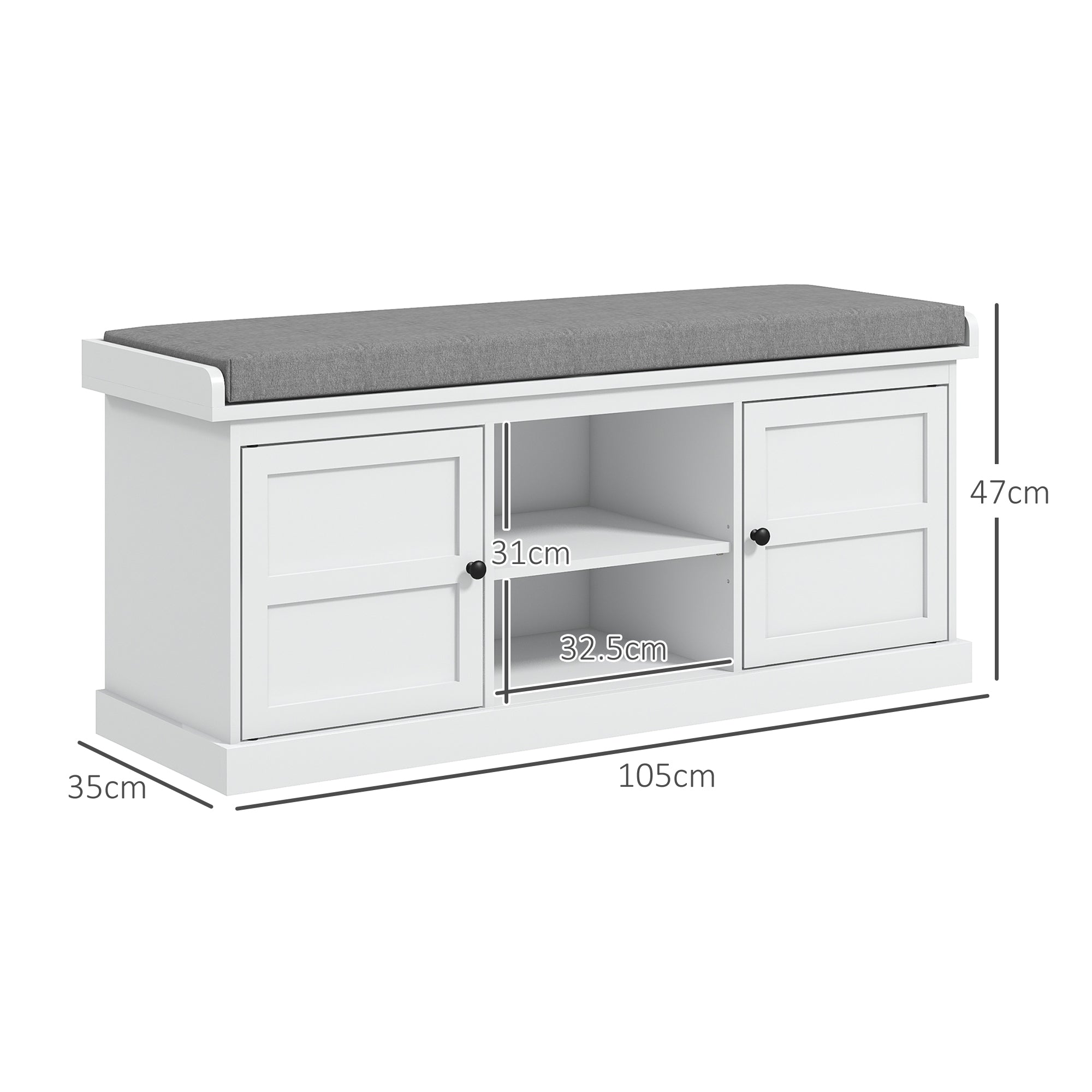 Multi-Compartment Shoe Storage Bench, with Top Cushion - White/Grey