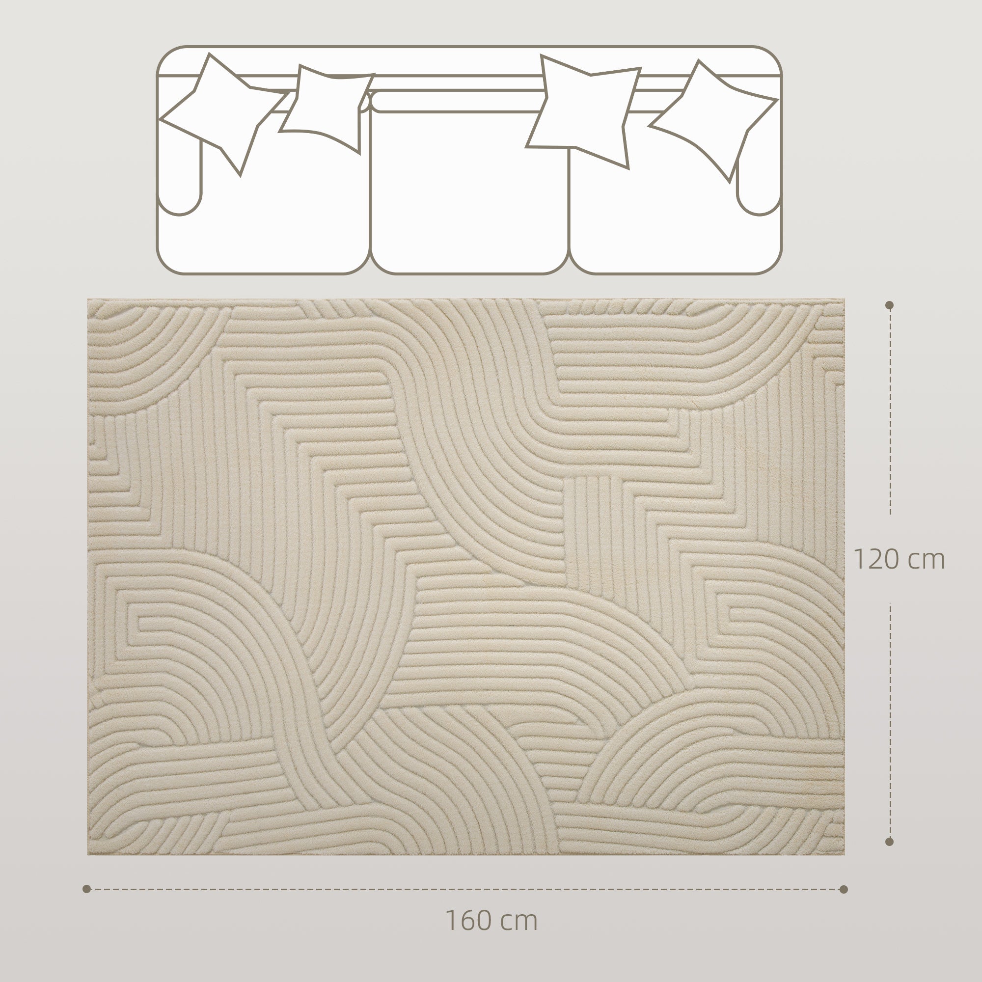 Modern Geometric Rug, Thick Plush, Non-Slip, 160 x 120 cm – Cream, Living Room/Bedroom/Office