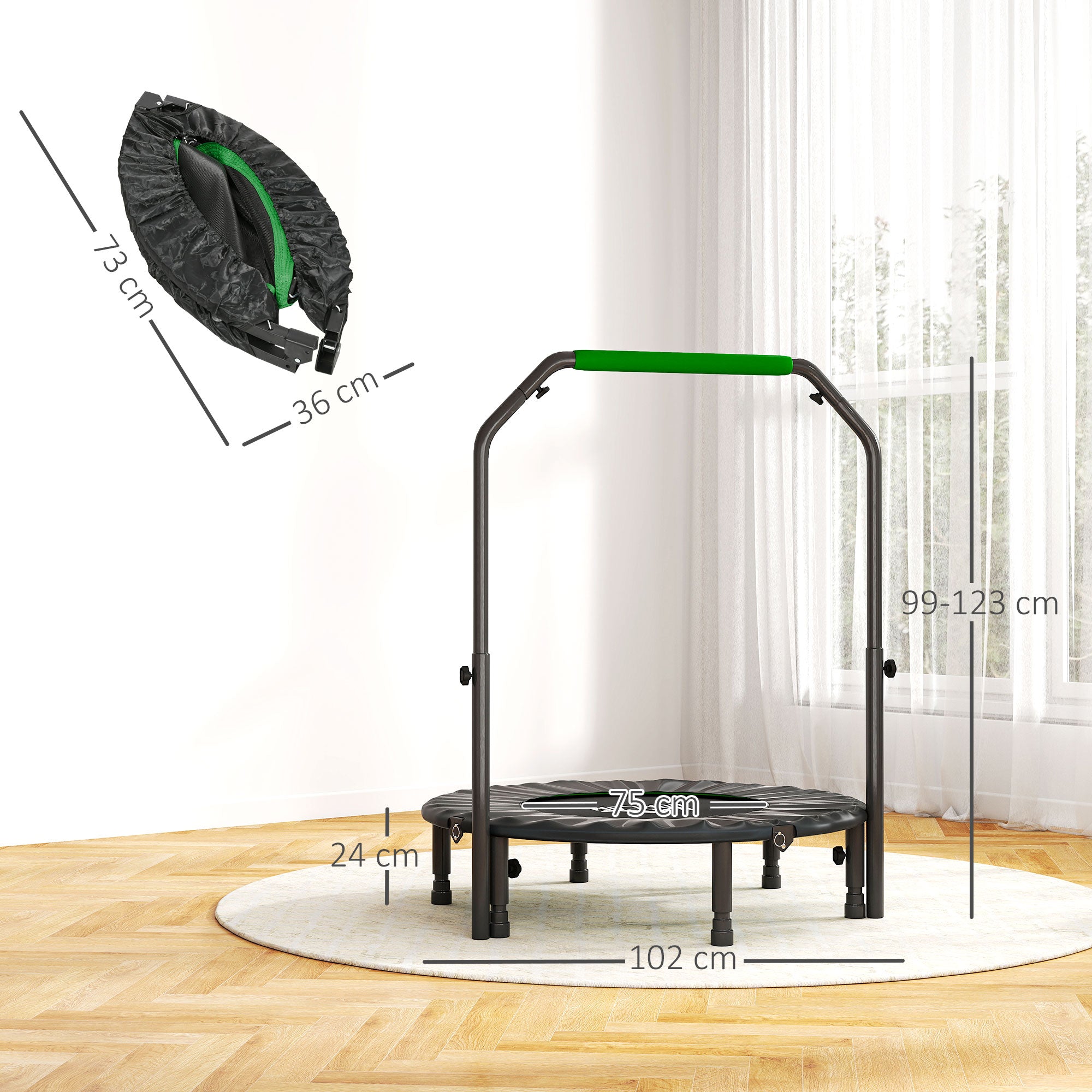 40" Foldable Mini Fitness Trampoline, with Adjustable Foam Handle, Green