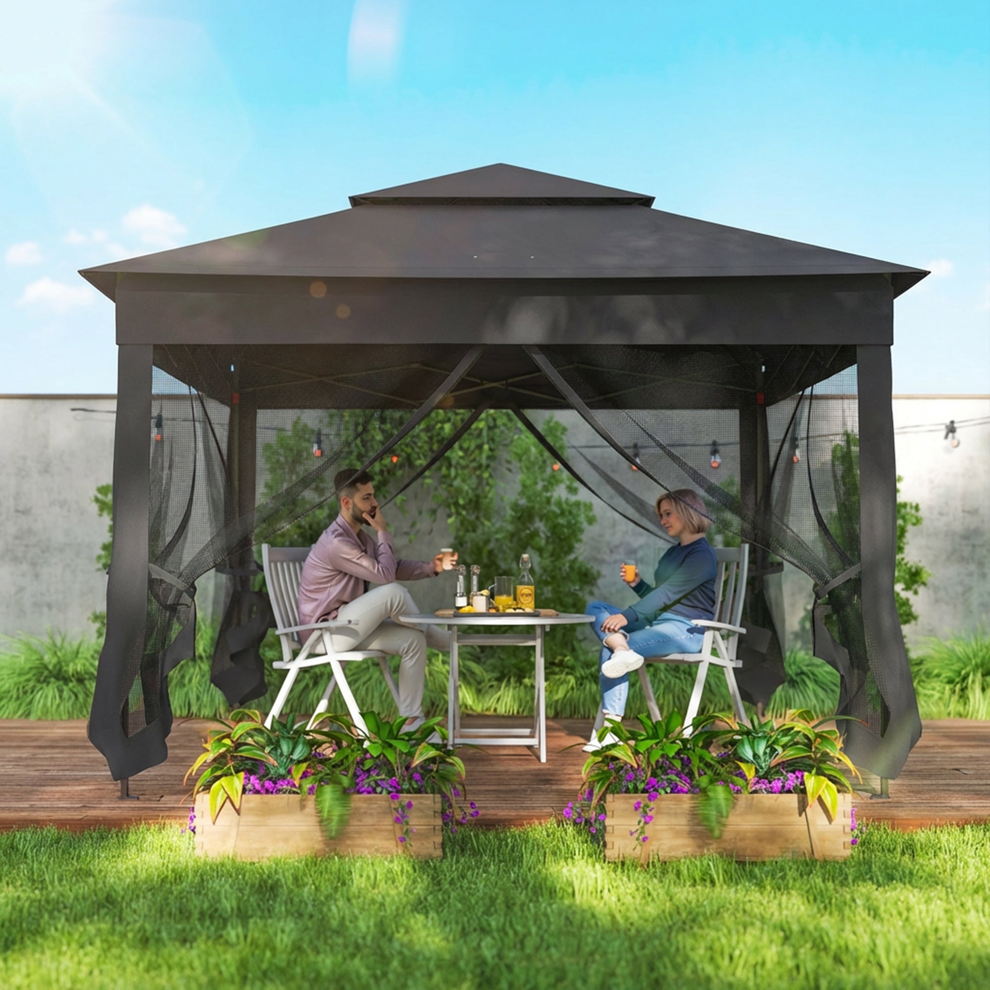 3 x 3(m) Pop Up Gazebo, Double-roof Garden Tent with Netting and Carry Bag, Party Event Shelter, Black