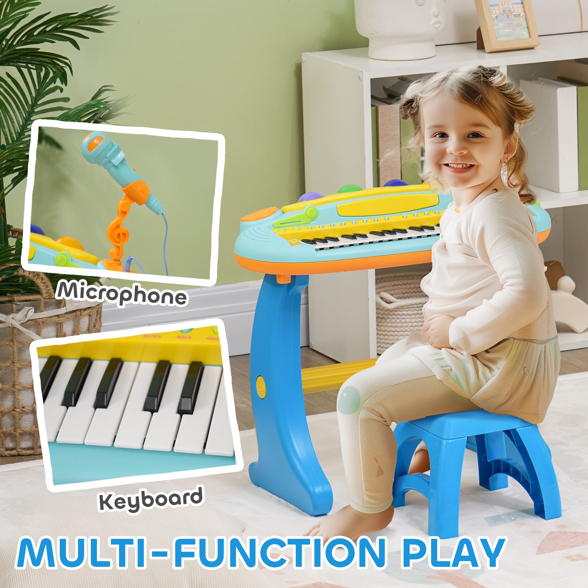 37-Key Kids Piano w/ Microphone, Stool, LED Lights, Record & Replay, Function, Blue