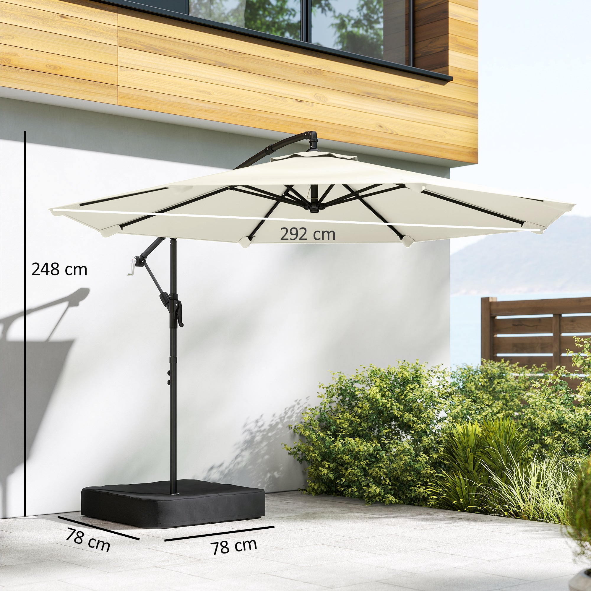 3 m Garden Cantilever Parasol with Cross Base, Sandbag, 360° Rotating Overhanging Banana Umbrella, Cream White