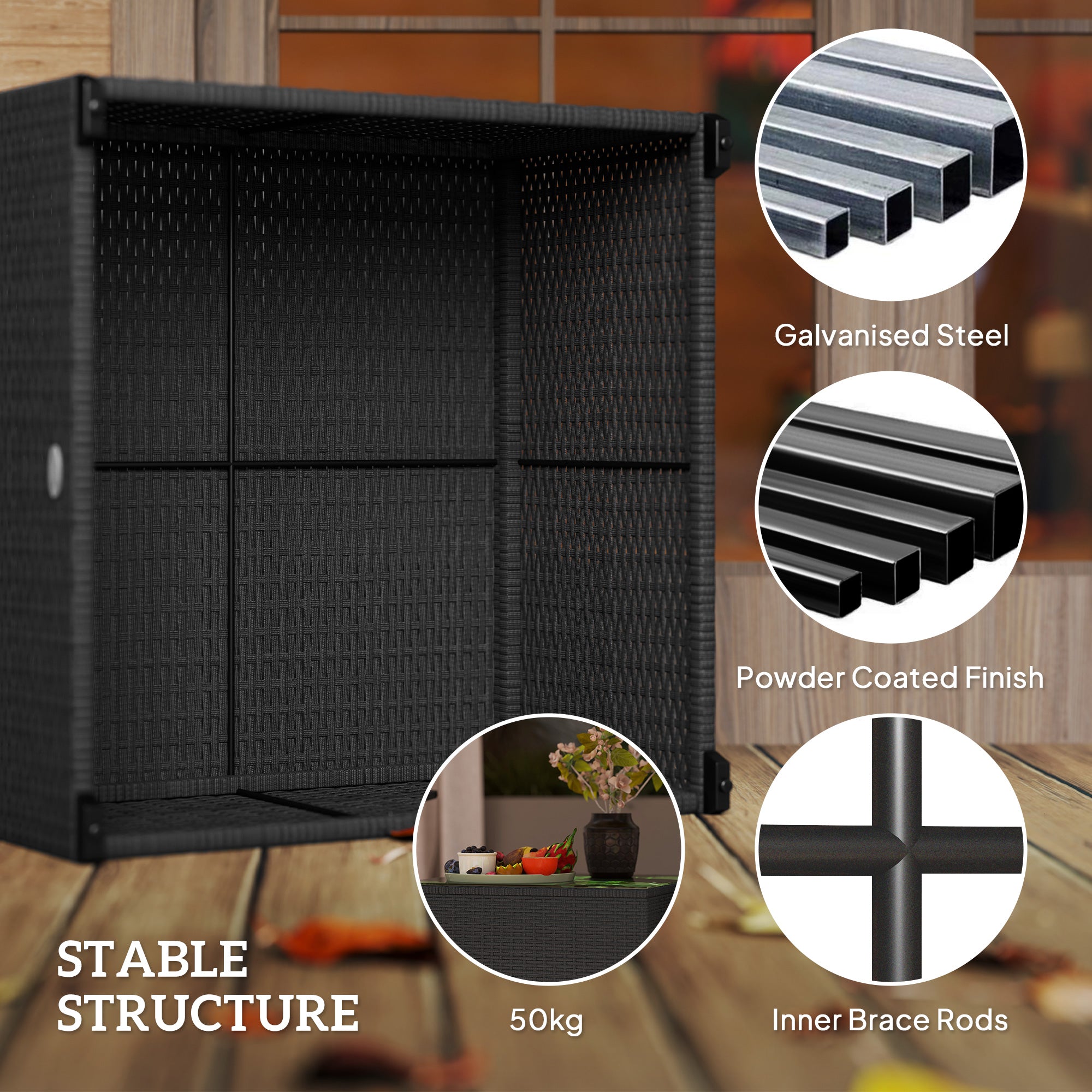 62cm Glass Top Rattan Side Table with Tempered Glass - Black