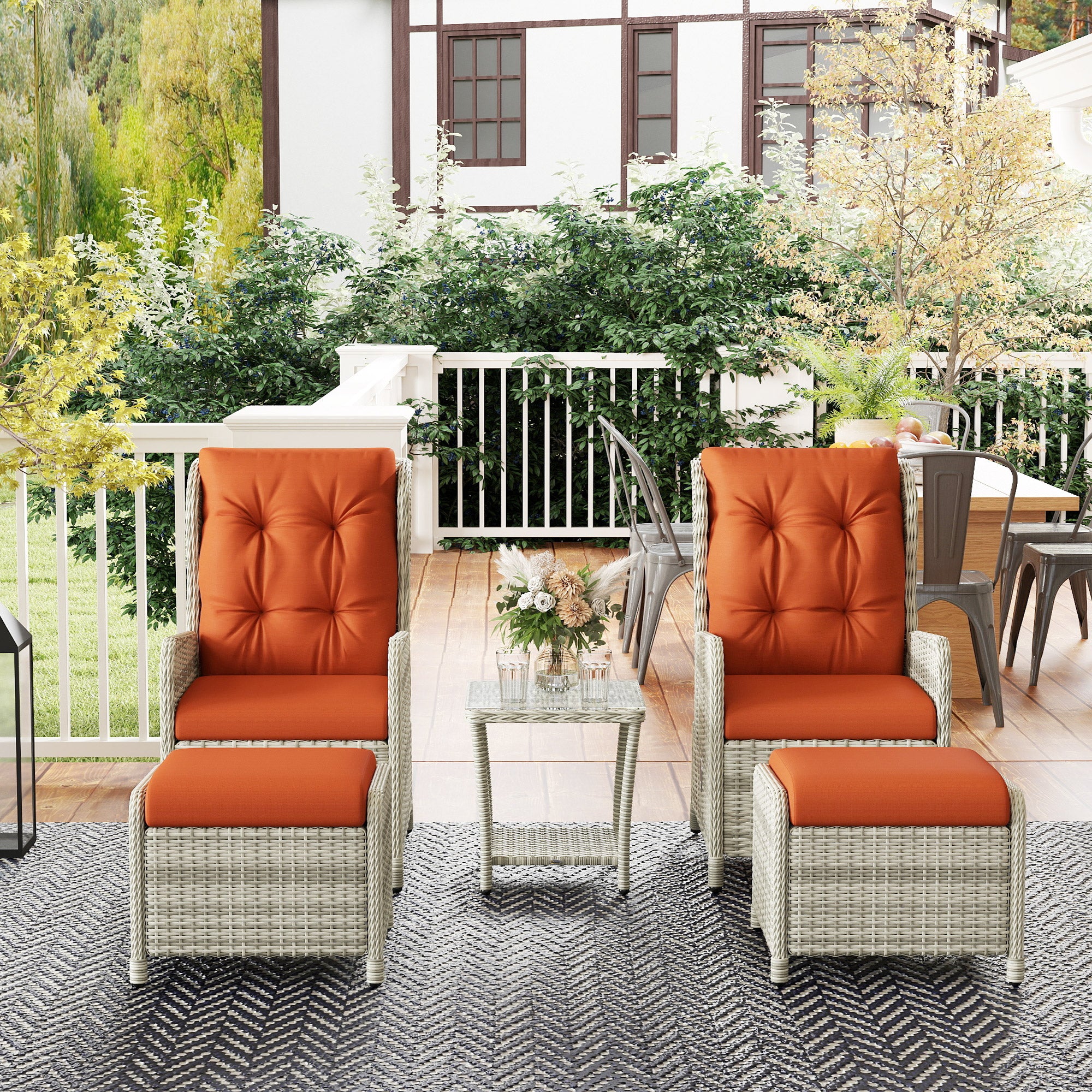 5 Piece Rattan Bistro Set with Cushions and Glass Table Top - Orange