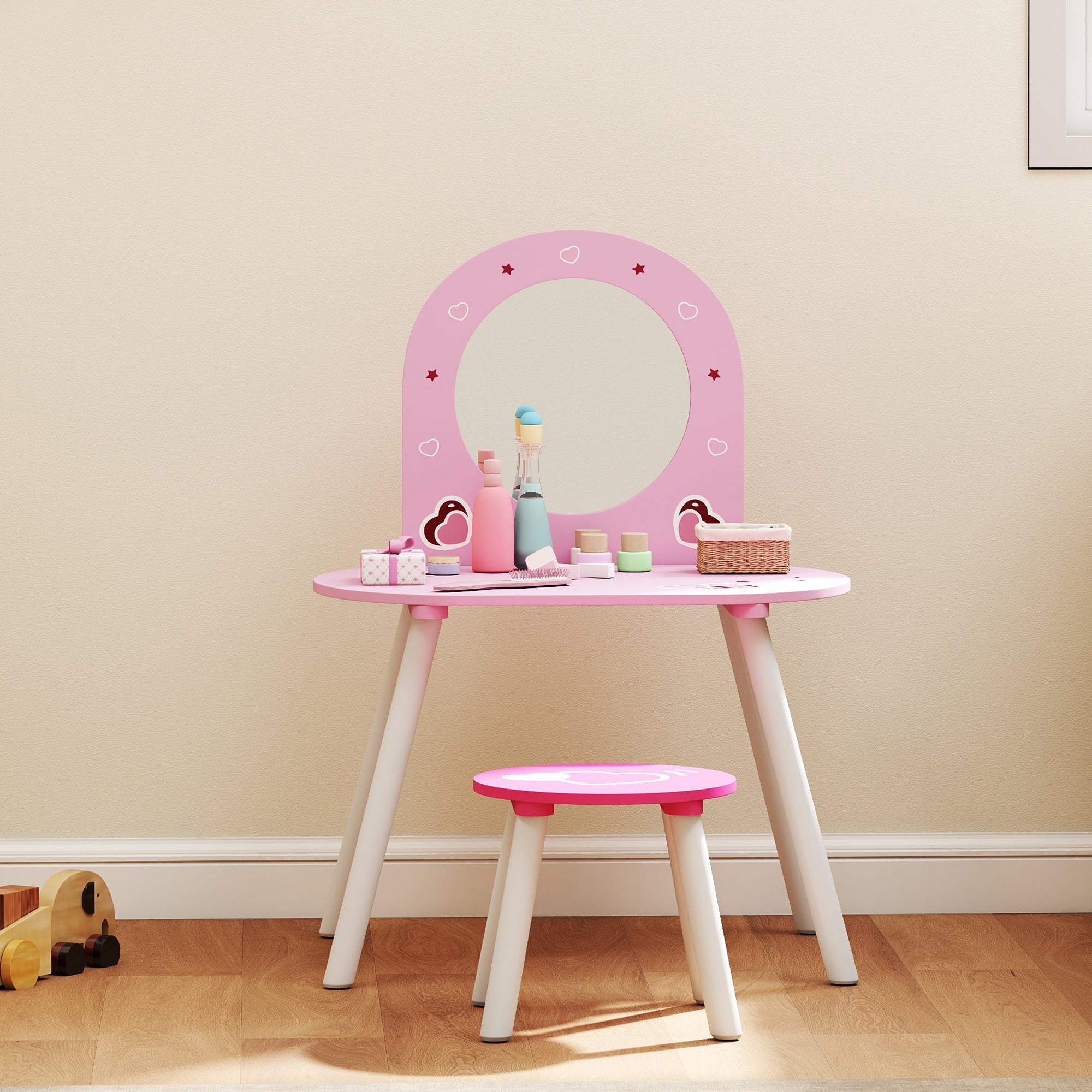 Kids Dressing Table with Mirror and Stool, Girls Vanity Set for Kids Room, Bedroom, Nursery, for Ages 3–6 Years, Pink
