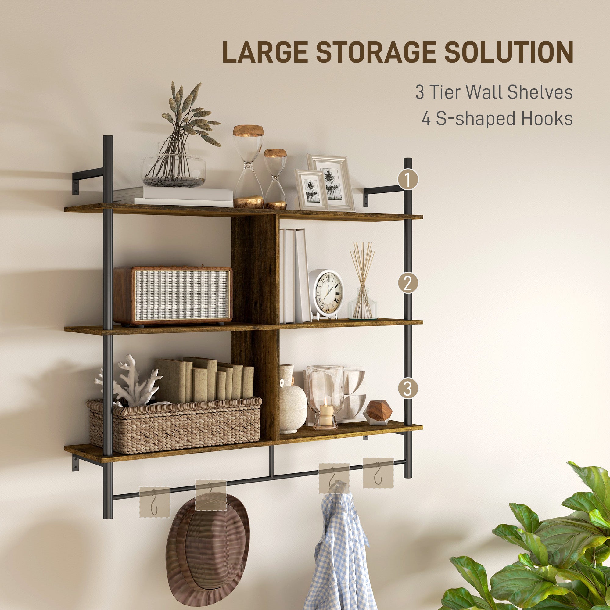 Three-Tier Floating Wall Shelf with Hooks - Brown/Black