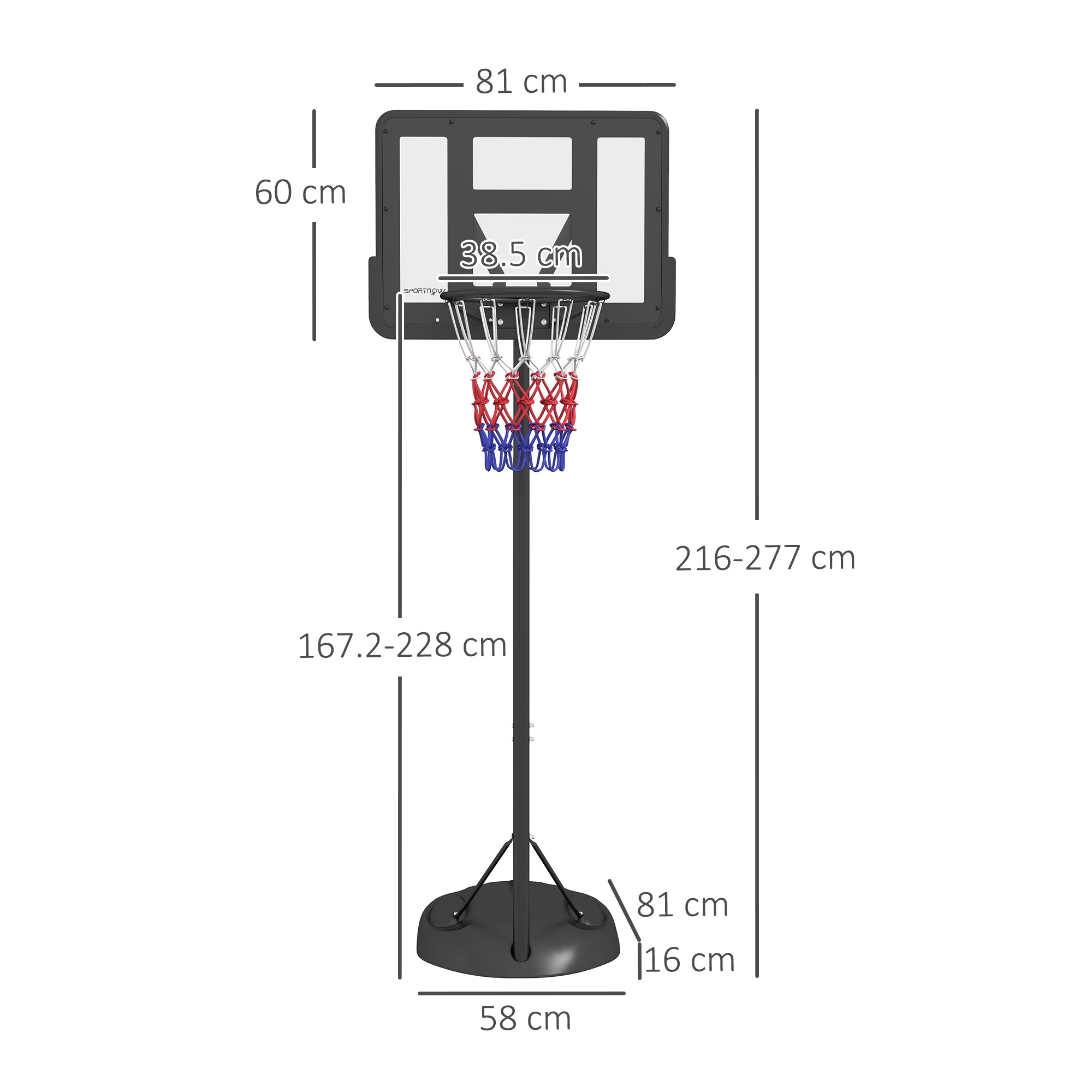 Height Adjustable Basketball System, Freestanding Basketball Hoop and Stand w/ Wheels, 167-228cm