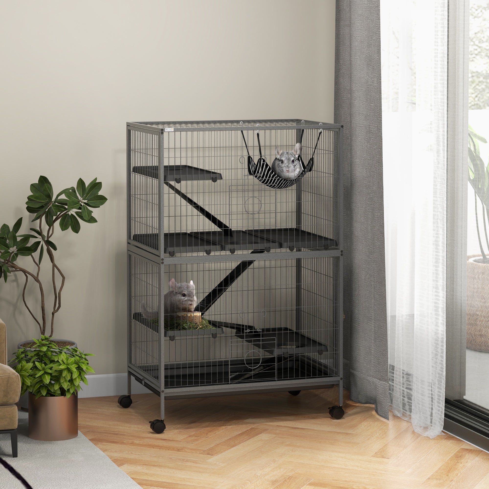 Small Animal Cage for Chinchilla Ferret Kitten on Wheels with Hammock Removable Tray, Grey