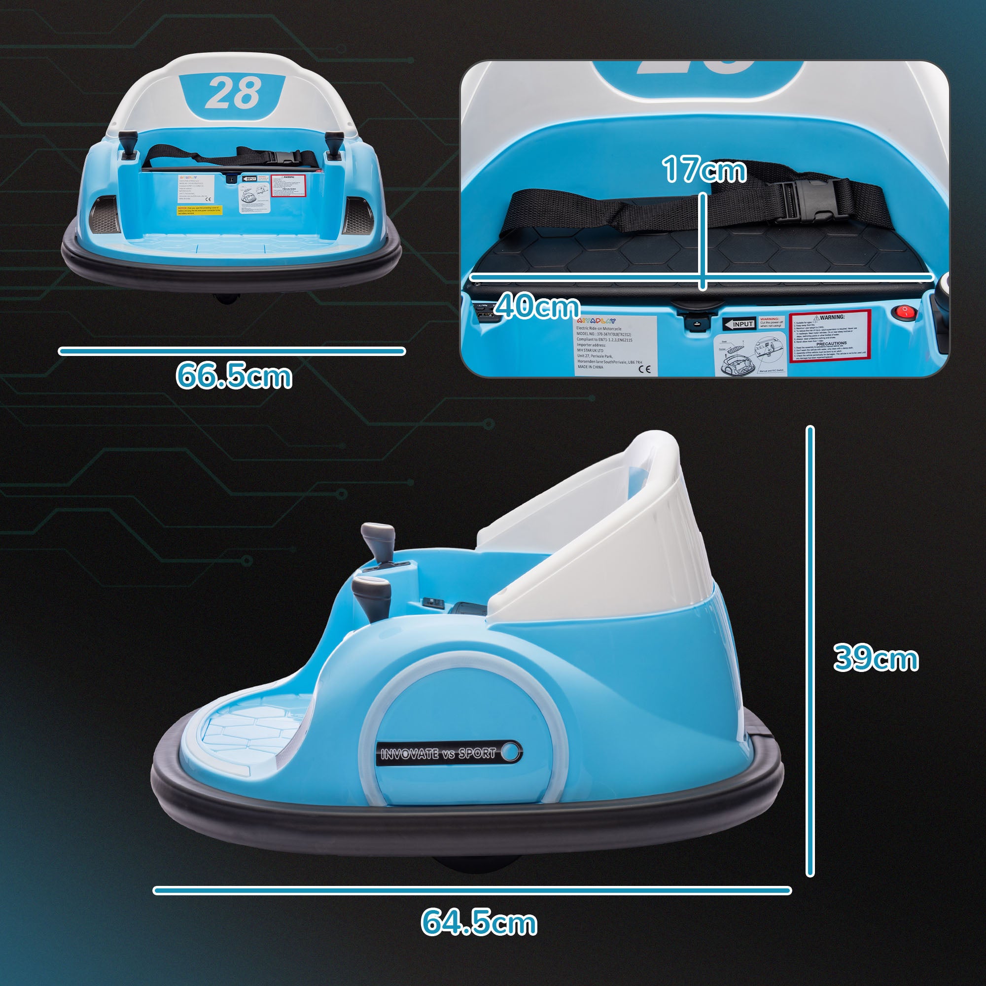 360° Rotation Kids Bumper Car, 12V Waltzer Car with Remote Control, Dual Joysticks, Music Lights - Light Blue