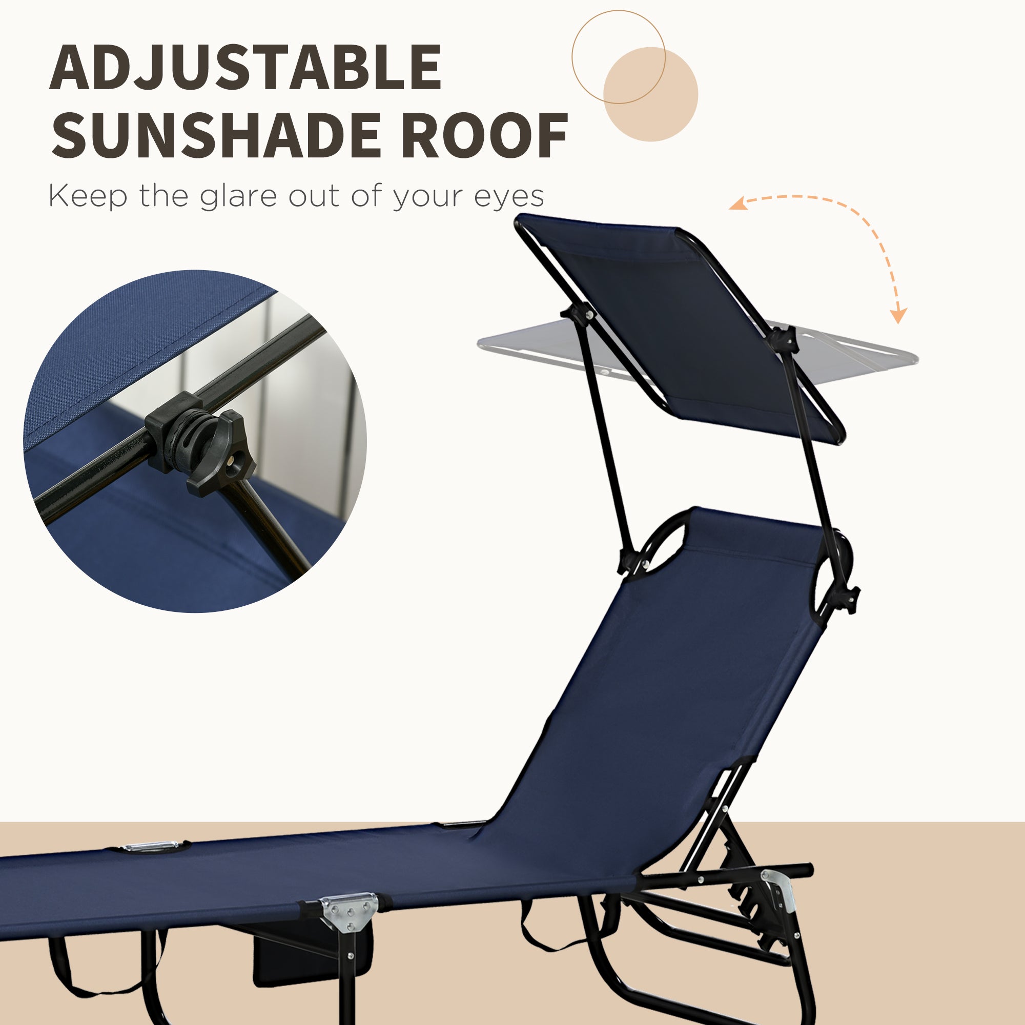 Set of Two Folding Sun Loungers, with Adjustable Backs and Sun Canopies - Dark Blue
