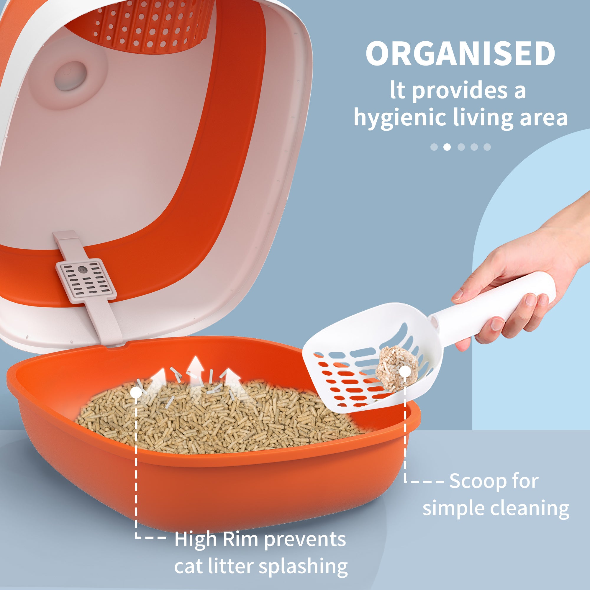 Foldable Cat Litter Tray with Lid, Deodorant, Scoop, Orange