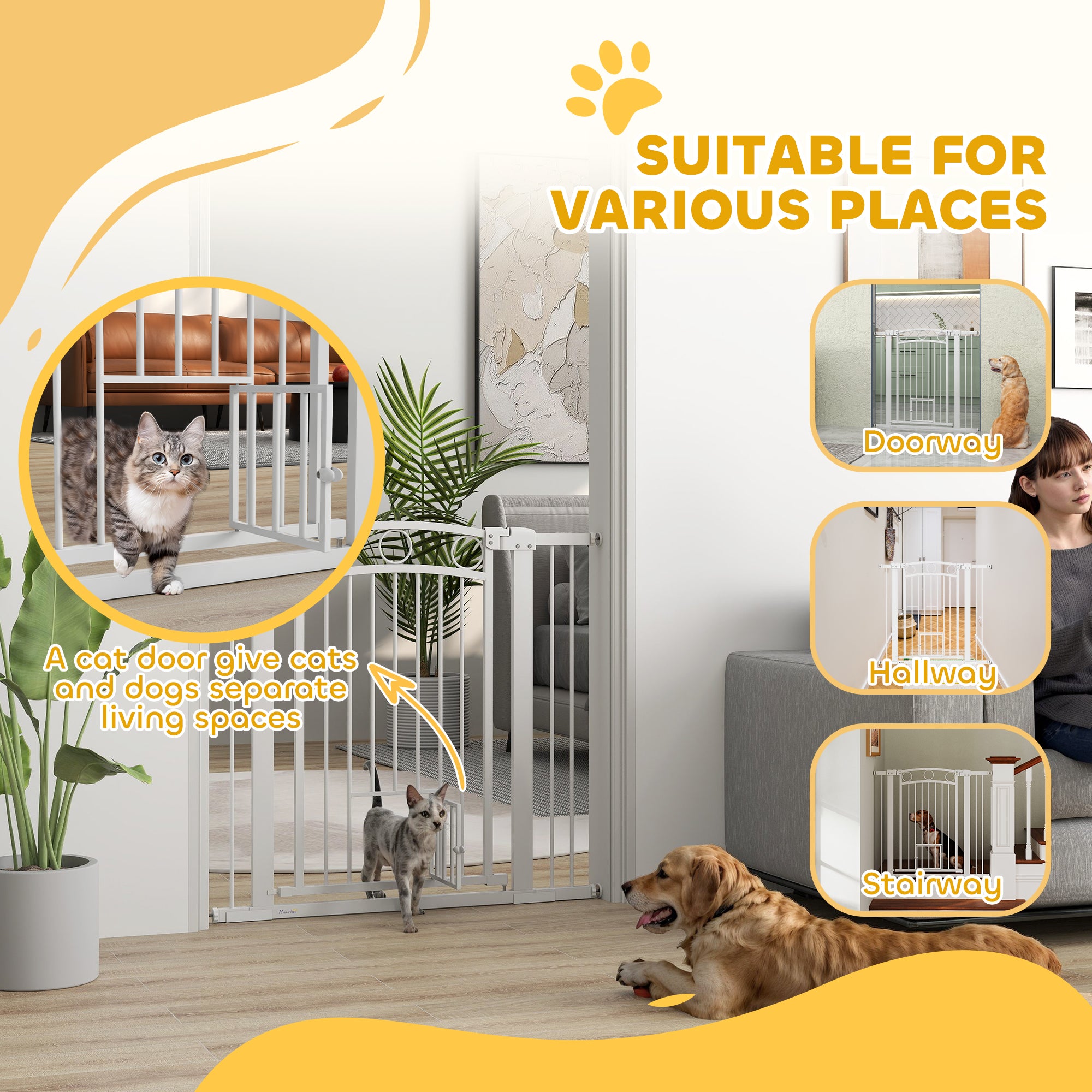 96cm Tall Dog Gate with Cat Door, 7cm and 14cm Extensions, for Stairs & Doorways, 76-104cm Width