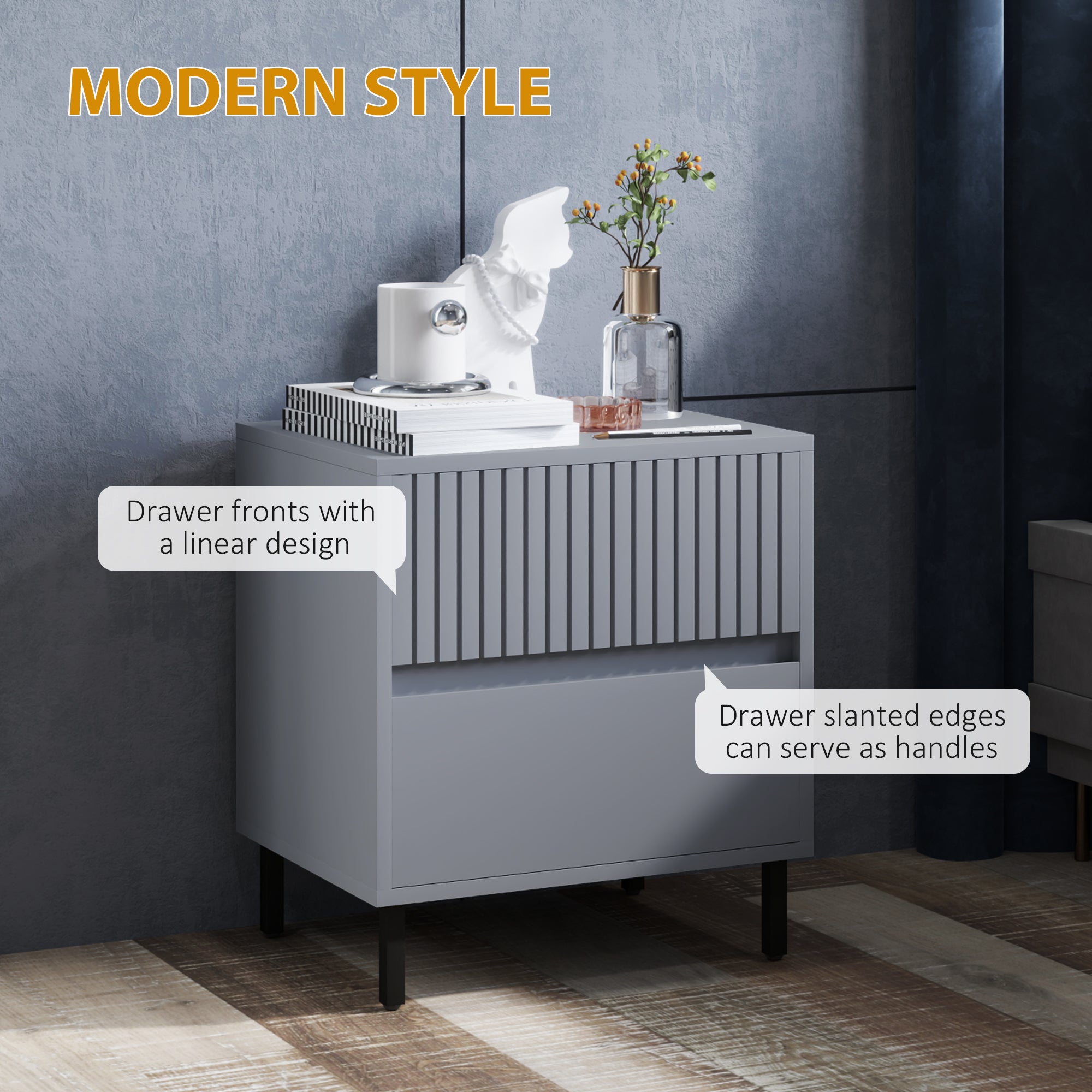Simple Line Indented Two-Drawer Bedside Table - Grey