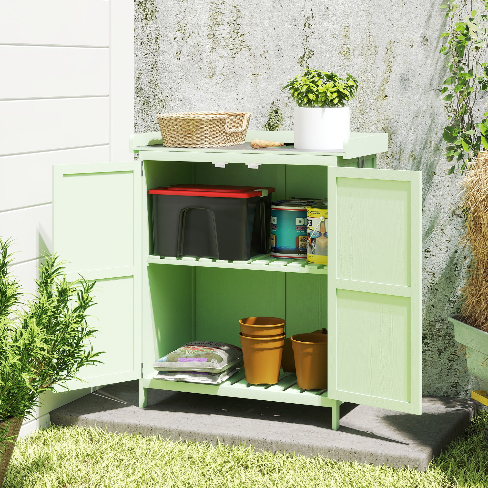 Wooden Garden Shed, Garden Tool Storage Shed with Hinged Roof and Shelf, Outdoor Storage Cabinet with Double Doors, Light Green