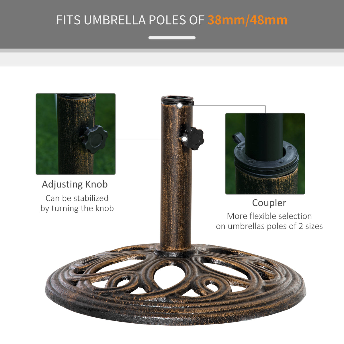 11.5 kg Cast Metal Round Patio Umbrella Base Stand, Umbrella Holder for Outdoor, Patio, Garden, Bronze Tone