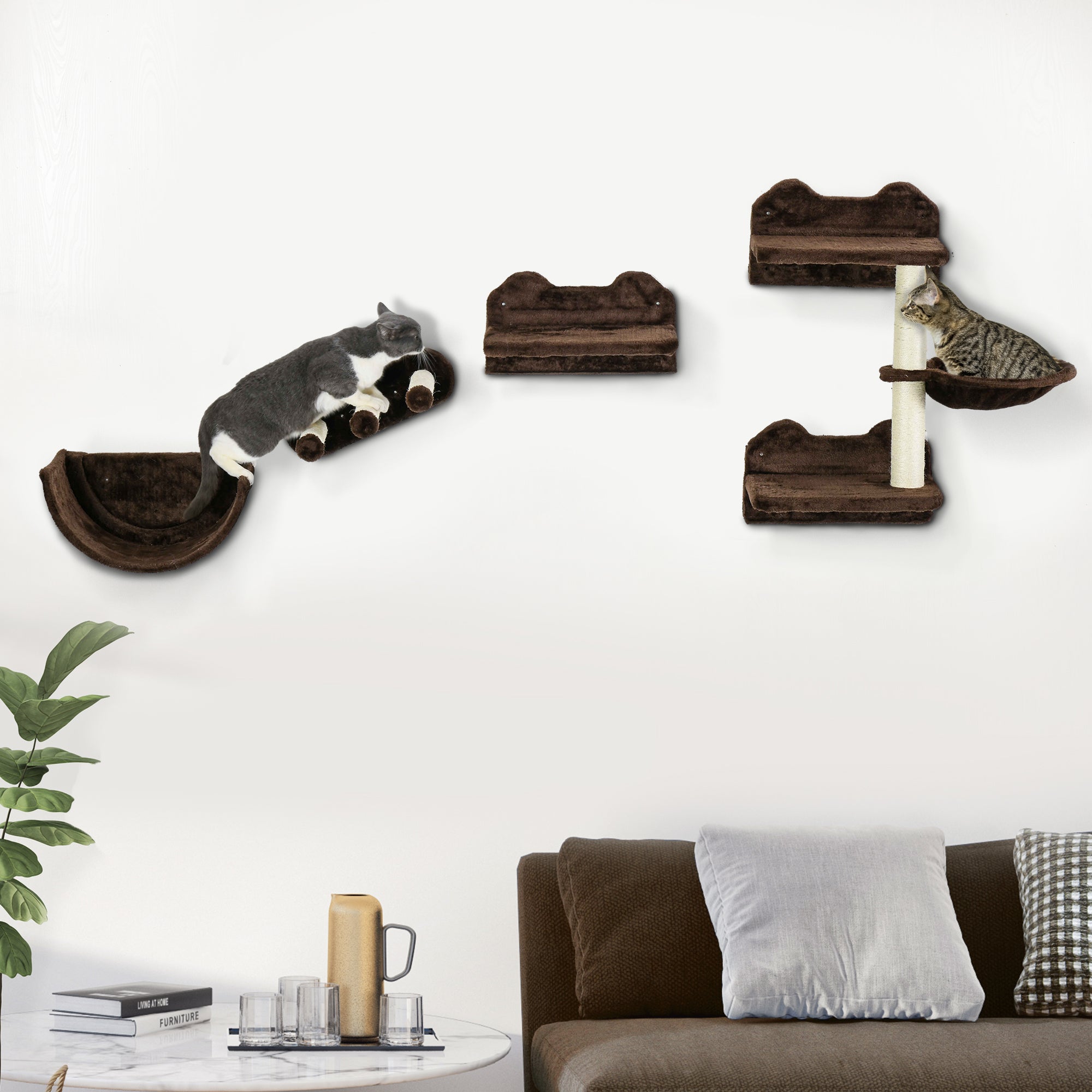 4PCs Wall-Mounted Cat Shelves w/ Scratching Post, Hammock, Nest - Brown