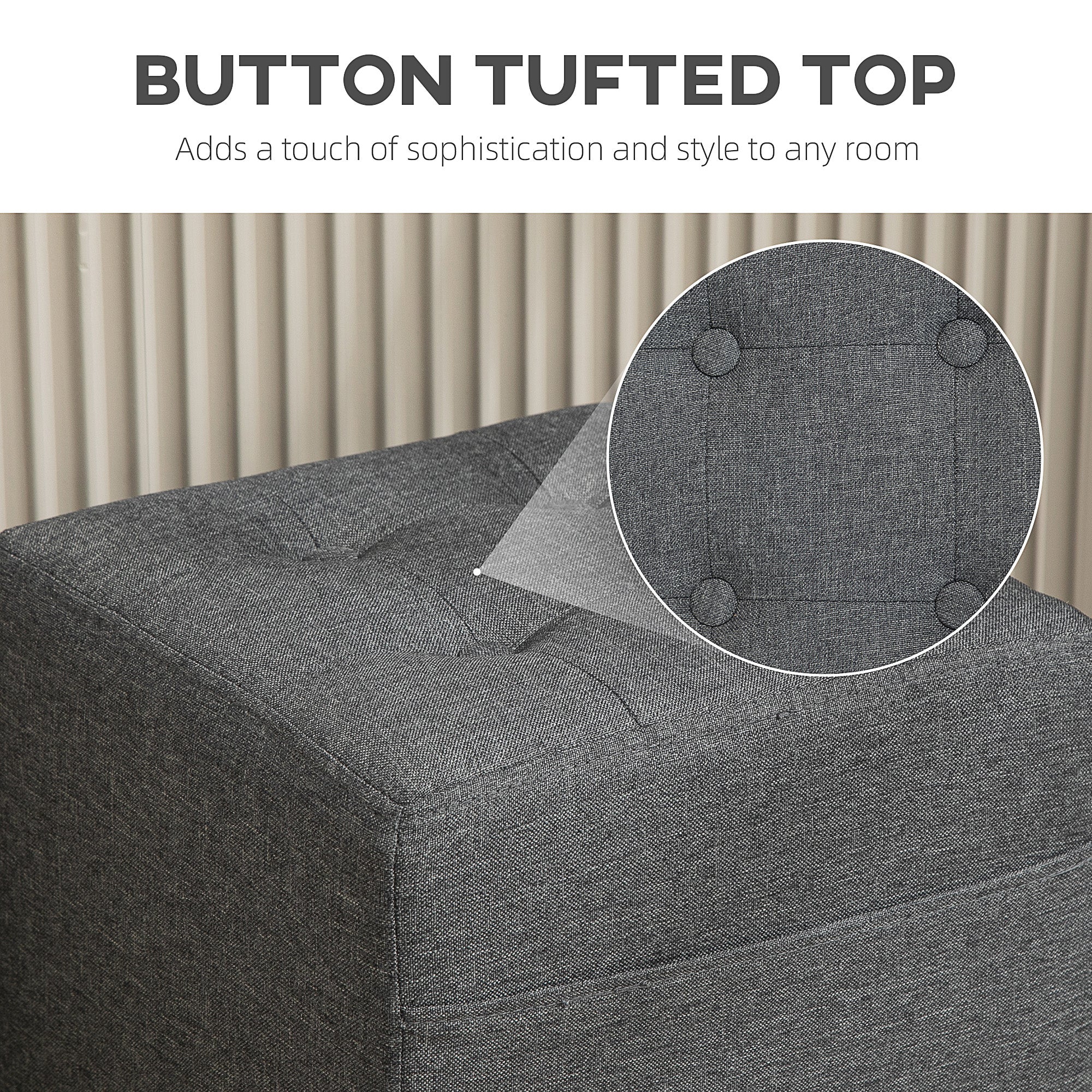 Square Small Ottoman Footstool with Side Pocket, Padded Linen Seat, Rubber Wood Legs, 35x35x35cm - Grey