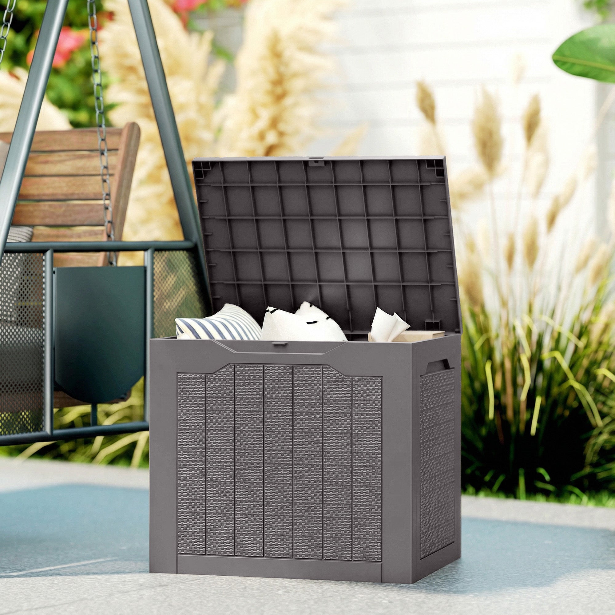 93L Plastic Garden Storage Box, Outdoor Storage Box with Handles, Waterproof Outdoor Storage Container, Brown