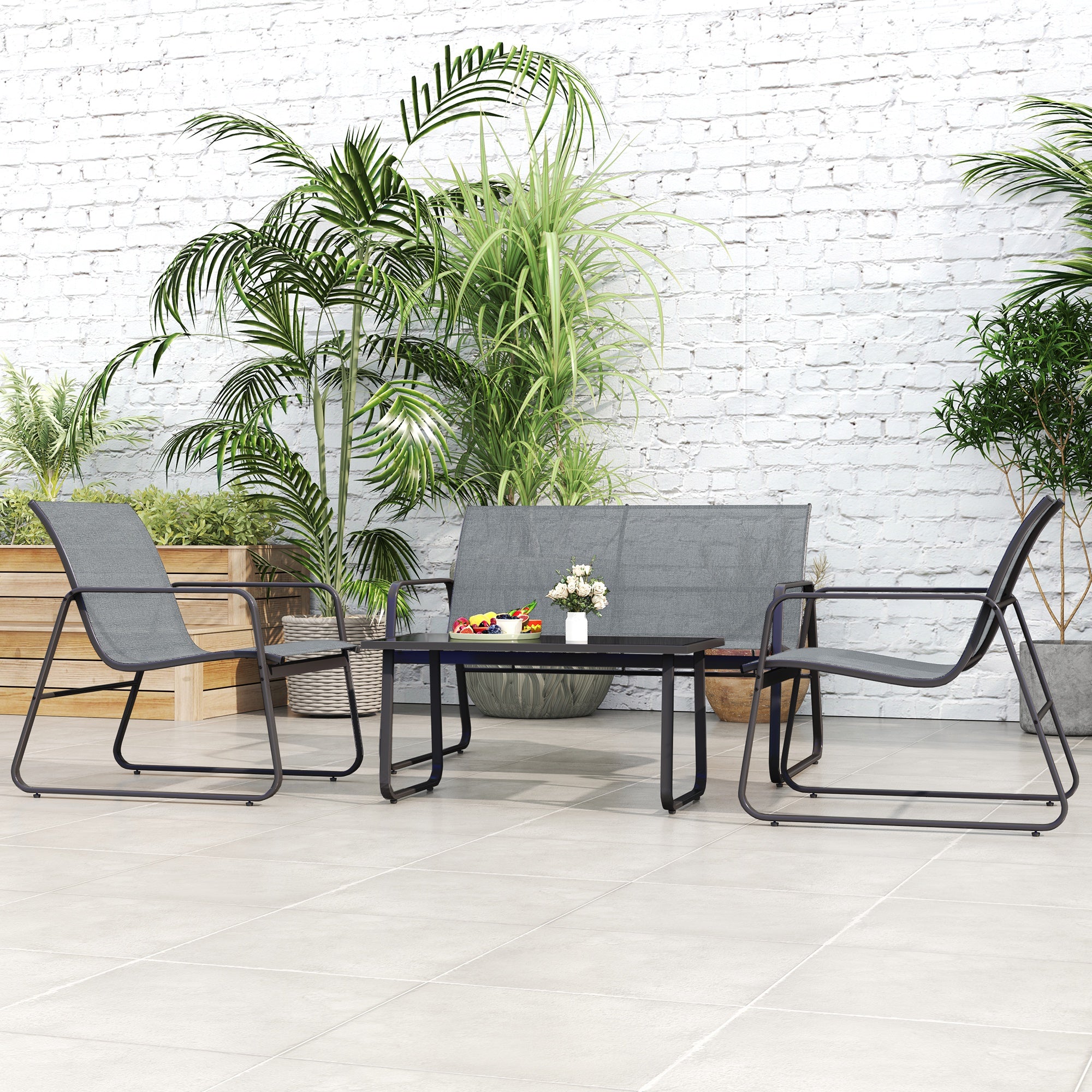 4 Piece Outdoor Garden Furniture Set with Double and Single Chairs & Glass Top Table - Light Grey