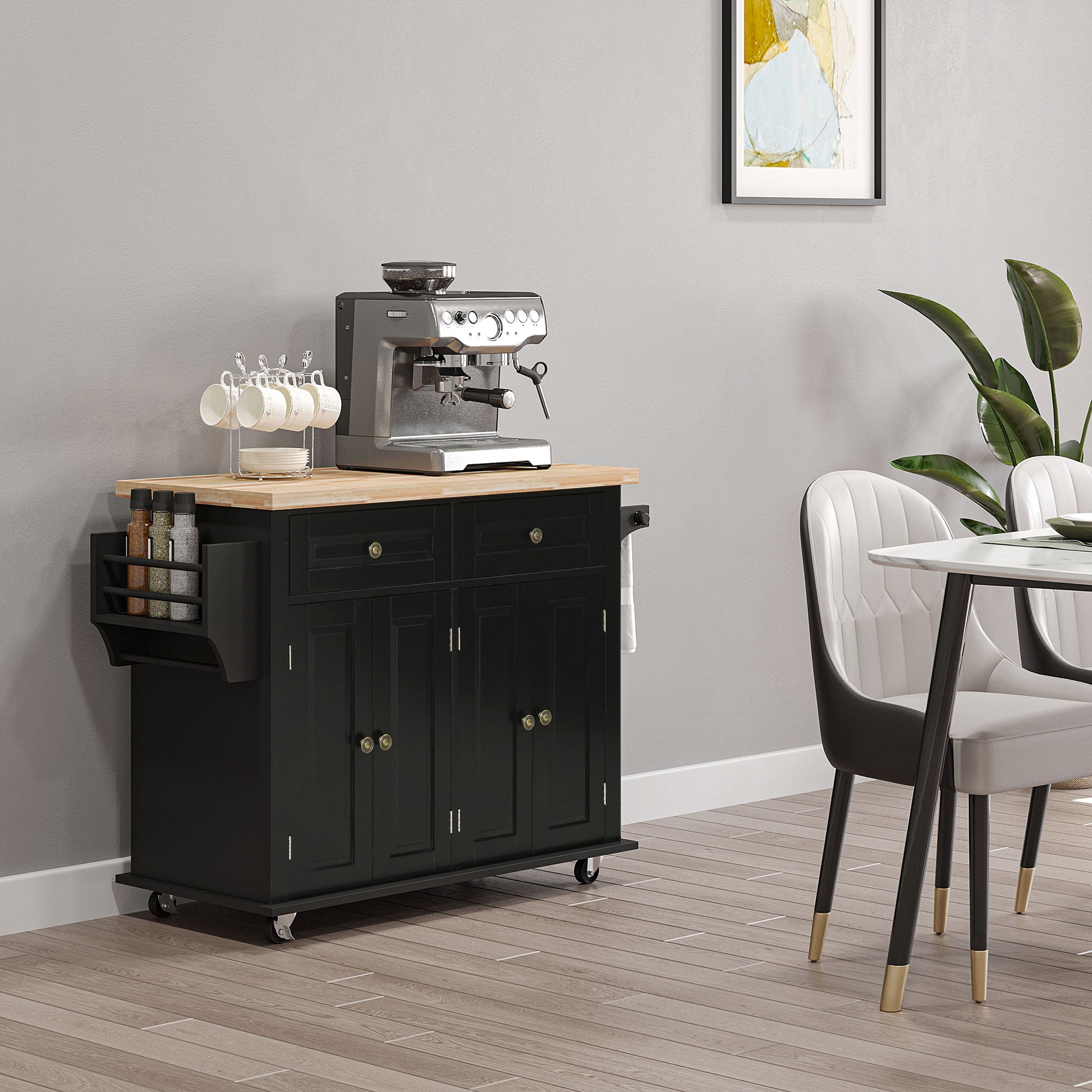 Rolling Kitchen Island Storage Trolley with Rubber Wood Top & Drawers for Dining Room, Black