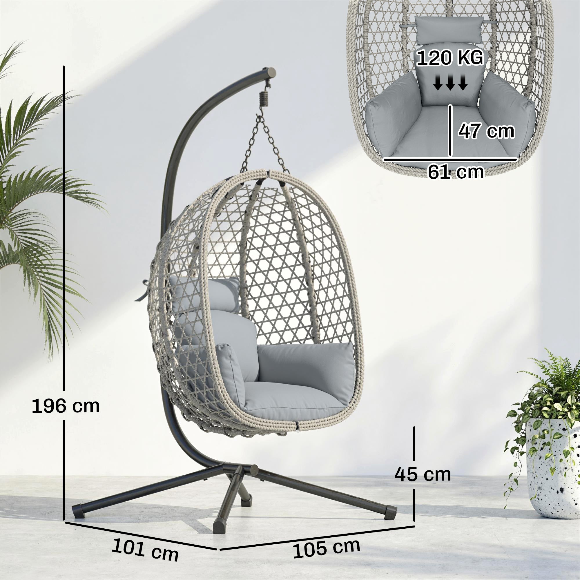 Hanging Egg Chair, Indoor Outdoor Rattan Hammock Swing Chair with Stand, Safety Strap, Foldable Basket, Light Grey