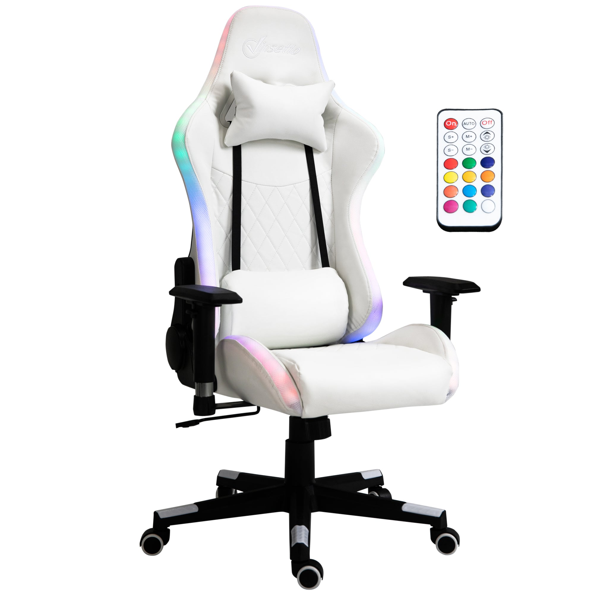 Gaming Chair with RGB LED Light, 2D Arm, Lumbar Support, Height Adjustable Swivel Office Computer Recliner, Racing Gamer Desk Chair for Home, White