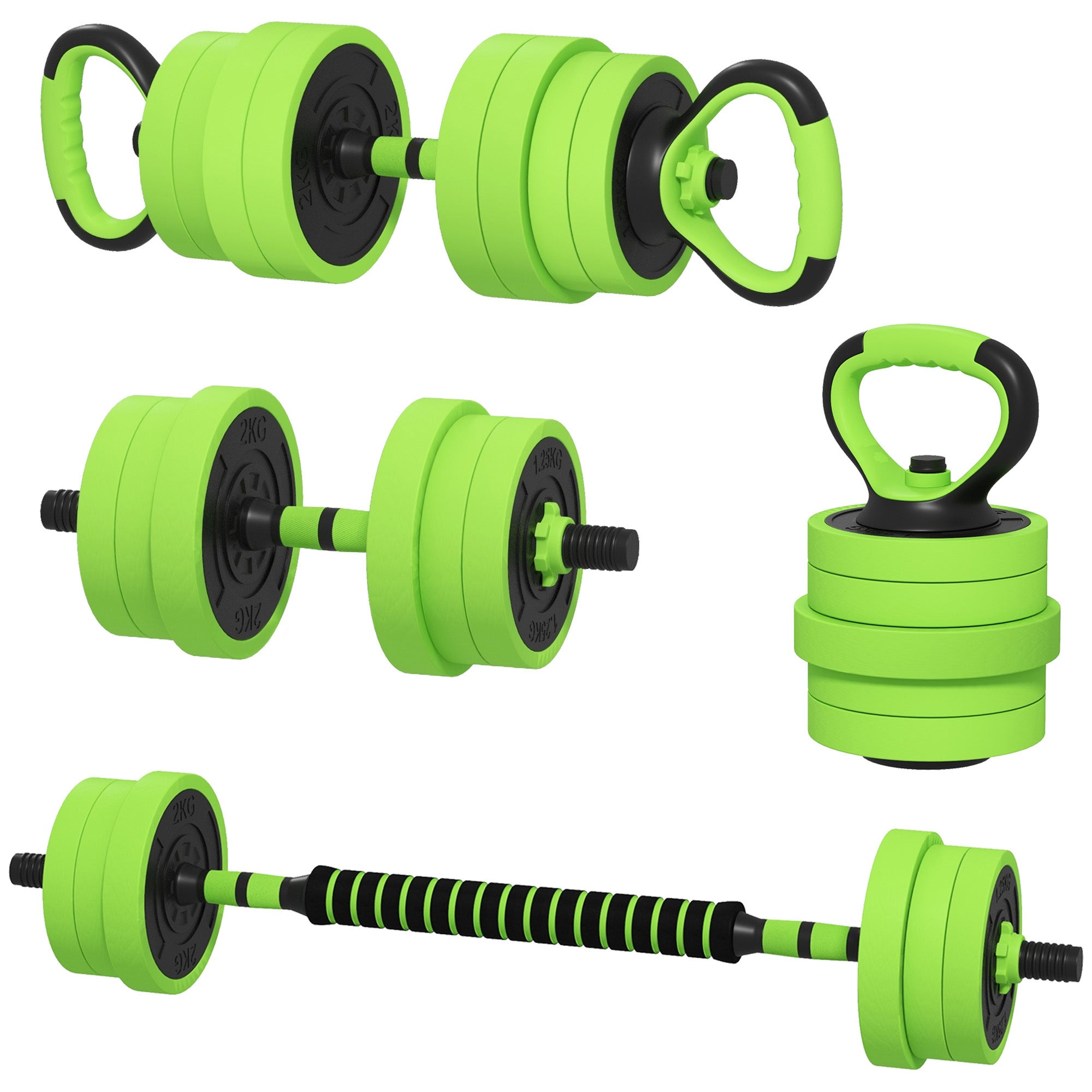 40kg Four-In-One Adjustable Weight Dumbbells Set, Barbell, Kettlebell, Push Up Stand - Green