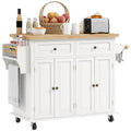 Rolling Kitchen Island Storage Trolley with Rubber Wood Top, Drawers & Cabinets - Cream White