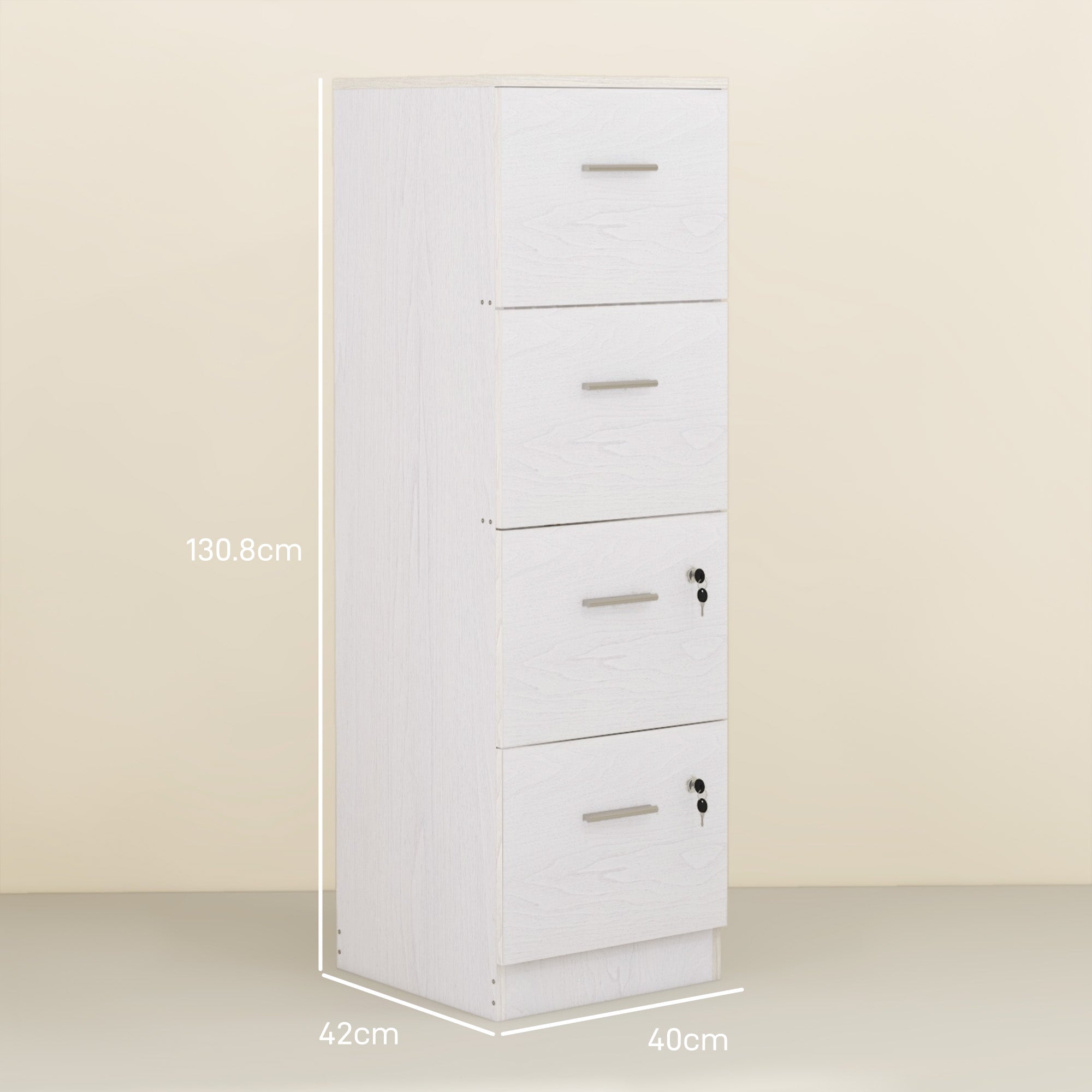 Four-Drawer Lockable Filing Cabinet - White Wood Effect