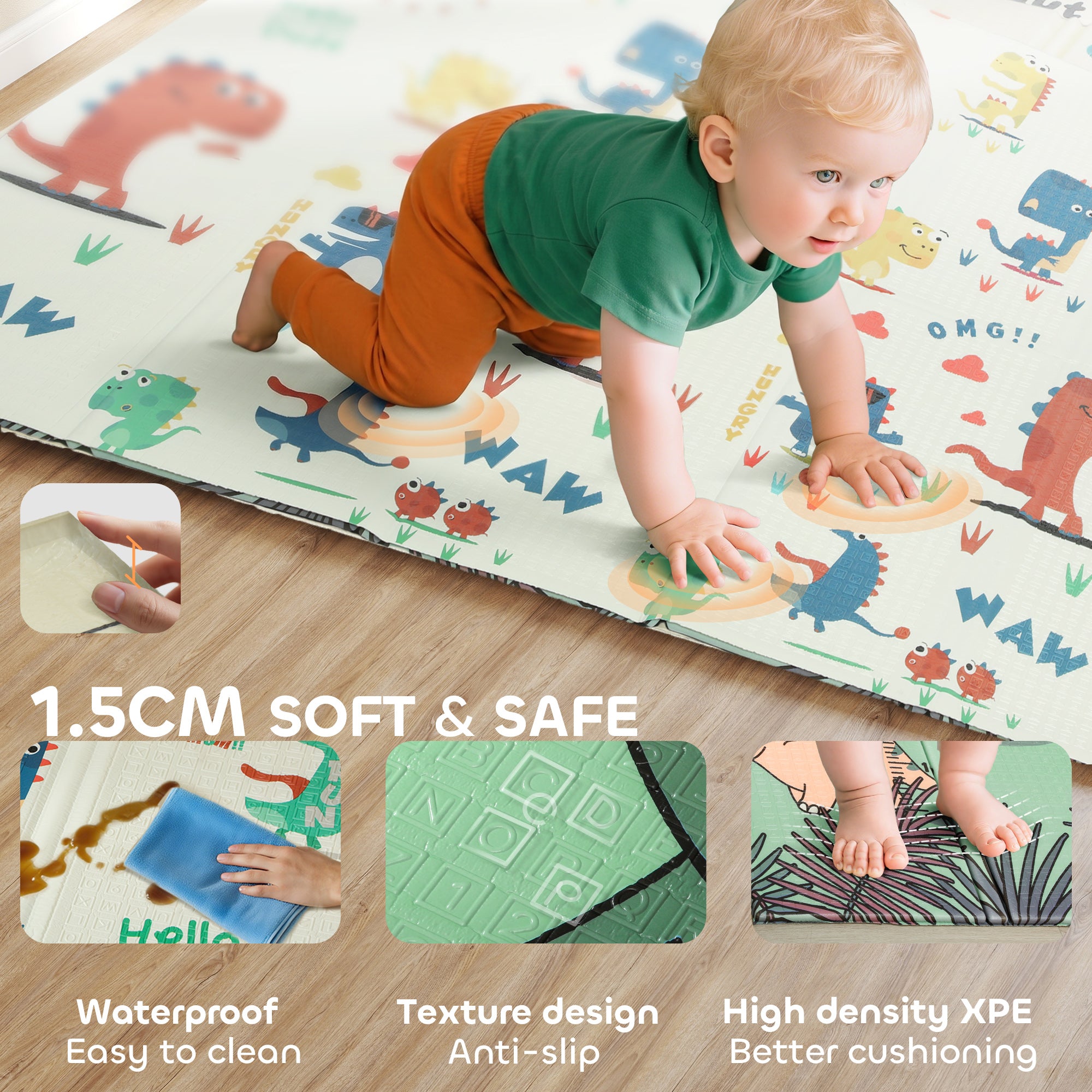 Baby Play Mat, Double Sideded Foldable Kids Crawling Mat, Reversible & Waterproof, Dinosaur
