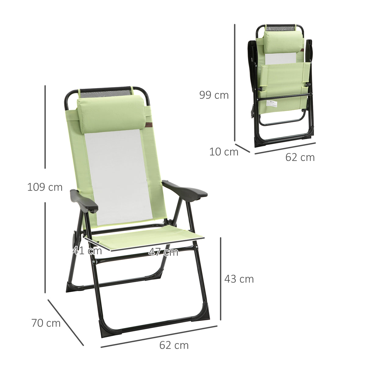Folding Garden Chairs Set of 2, 5-Position Recliner Camping Chair with High Back, All Weather Texteline Seat, Portable Outdoor Dining Chairs with Headrests for Patio, Picnic, Green